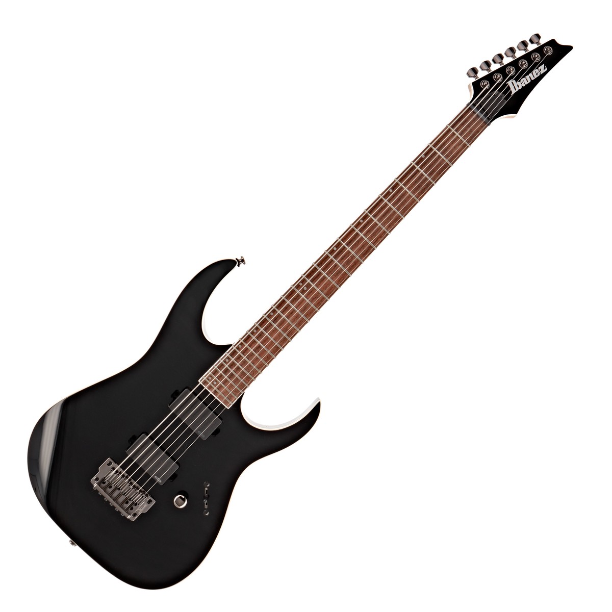 En bild på Ibanez RGIB21 Iron Label Baritone Black | Skapa en överväldigande dundrande metallton. Ibanez Iron Label series har kommit ända in i jordens kärna för att släppa en inspirerande ny serie gitarrer. Ibanez RGIB21 Iron Label Baritone bringar fram helvetets änglar med en 28" skala som ger en full och rik ton som du omedelbart kommer att bli förälskad i. Fortsatt kalla på magi för perfekt spelbarhet. Nitro Baritonhalsen så gott som smälter samman med greppbrädan i jatoba och erbjuder ett underbart basregister med ett fint snabbt gensvar. Är du redo för pickuper som skulle få djävulen själv att gråta? RGIB21 omfattar EMG 60 och en EMG 81 pickuper som båda erbjuder en ren metallton. EMG 60 ger den släta eleganta och solida tonen som är grunden för alla fantastiska metallgitarrer. EMG-81 mickarna erbjuder ett skinande diskantregister vilket garanterar att varje ton resonerar och sjuder ut sustain ända in på det kommande decenniet. Skapa en perfekt atmosfär på scenen men uppträd ändå hur lätt som helst. De självlysande sidopunktsinläggen kommer att belysa vägen för metall i självaste mörkrets furstes anda.