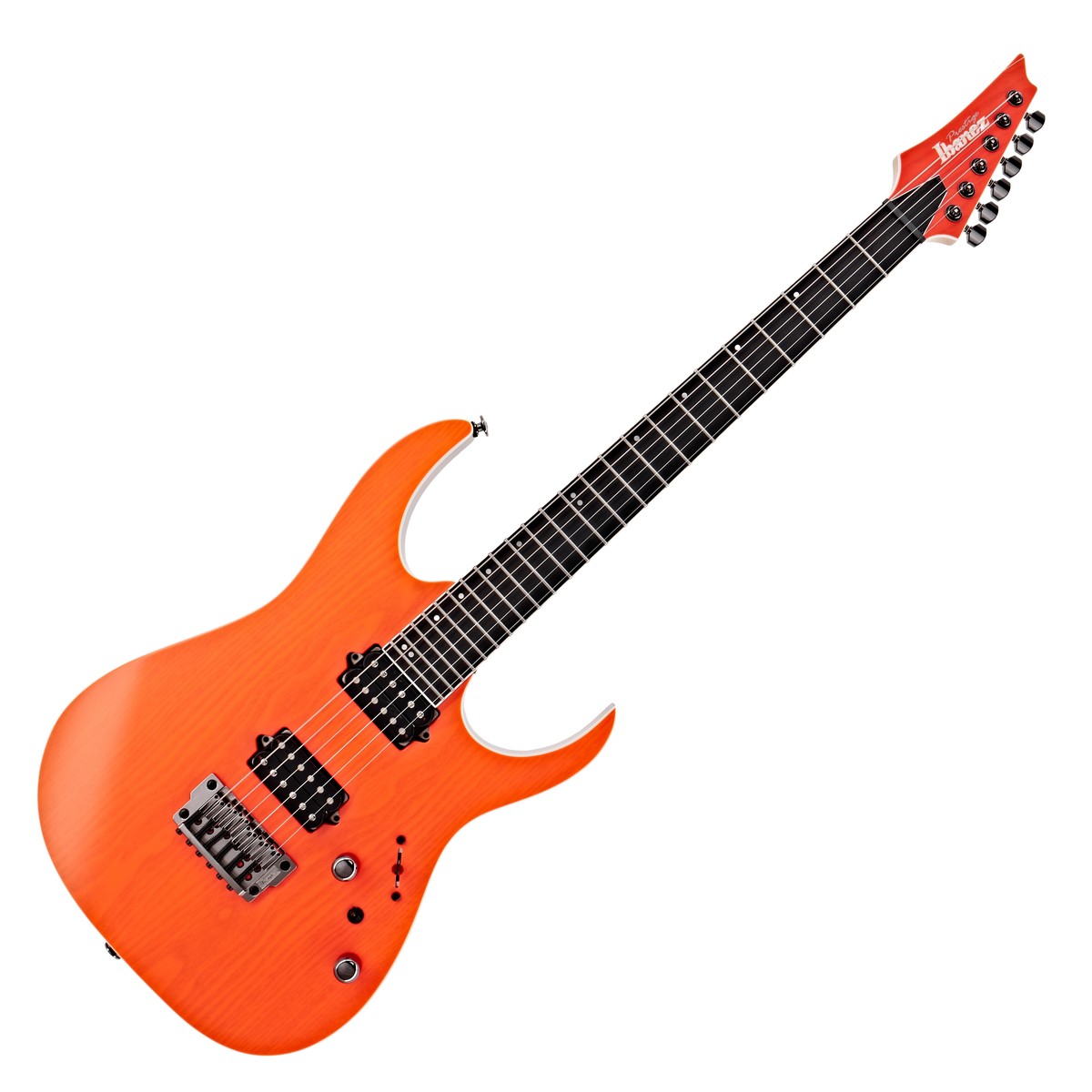 En bild på Ibanez RGR5221 Prestige Transparent Fluorescent Orange | Töj inte bara på gränserna. Bryt dem. Ibanez RGR5221 Prestige är en del av den banbrytande serie som definierar kvalitet. Traditionellt japanskt hantverk innebär att tillverkningsteknikerna som används på denna gitarr är de allra bästa. Detta är ett instrument som är byggt för att hålla länge. Rostfria stålbanden en femdelad lönn / wengehals och en greppbräda med träfiber som gör RGR5221 otroligt slitstark: Den kan därmed motstå rikigt aggressiva spelstilar och bidrar samtidigt till gitarrens heavy metal-ton. Ett ljud direkt från hjärtat. Med sin bundna greppbräda i Macassar-ebenholts och en afrikansk kropp i mahogni ger denna gitarr en djup tung ton som verkligen imponerar. Smidigt och ledigt spel är en hörnsten för detta instrument. För att uppnå den perfekta spelytan kombinerar Super Wizard HP-halsen den noggranna Prestige-behandlingen för att göra riffs och fingerarbete enkelt. Denna gitarr är för djärva musiker som är villiga att ta risker - brittiskt tillverkade Bare Knuckles Brute Force-pickuper är för legenderna som väljer att vara djärva. De kallas inte Brute Force utan orsak RGR5221 är redo att ta metallmusik till nya höjder kommer du med på turen?