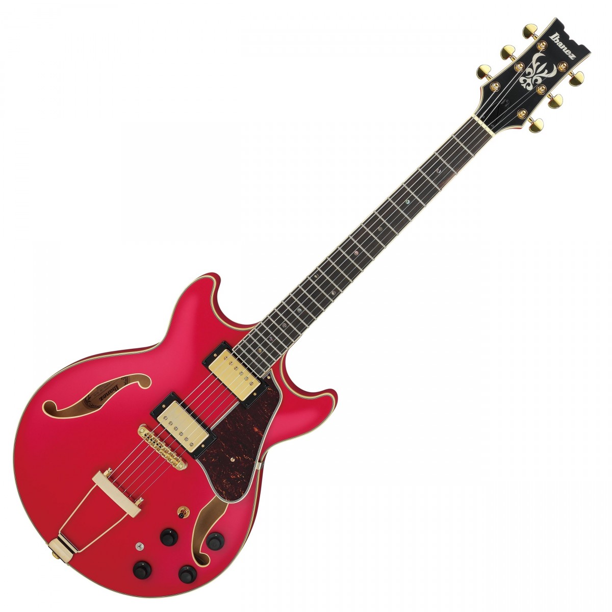 En bild på Ibanez AMH90 Artcore Expressionist Cherry Red Flat | Alla vintage-älskare jazz-entusiaster och blues-fanatiker kolla här ... frigör din kreativitet med Ibanez AMH90 Artcore Expressionist. Gitarrens mångsidiga ljud är perfekt för en rad olika stilar men ger den värme som är speciellt lämplig för jazz och blues. Grunden för den makalösa tonen är pickuperna: Super 58. Namnet säger allt. Kroppen i lind halsen i lönn och nyatoh samt greppbrädan i ebenholts gör det lätt för dig att uppnå det ikoniska Artcore Expressionist-ljudet som gitarrister strävar efter.   Forma finjustera och skapa den ton du drömt om. De två volymkontrollerna och två tonrattarna ger dig friheten att justera tonen efter behag. Så vare sig du är ute efter en clean-ton för att spela glittrande diskanter med dina fingrar eller förkrossande bas för vansinnigt rytande ackord är Ibanez AMH90 Artcore Expressionist ett perfekt fynd för dig.