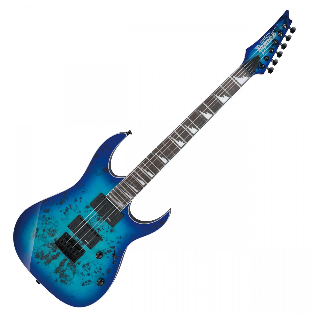 En bild på Ibanez GRGR221PA GIO Aqua Burst | Scennärvaro. Vissa gitarrer helt enkelt har det; Ibanez GRGR221PA GIO är en av dem. GRGR221PA ger dig förstklassigt Ibanez-hantverk oberoende av din spelförmåga och den har ett par dundrande IBZ-6-mikrofoner. Gitarrens kraftiga stall-humbucker är idealisk för grymma riff och halsmikrofonen i sin tur ger ett mjukare ljud som helt enkelt är perfekt för lead-toner.   Den lättspelade lönnhalsen är perfekt för bekväma ackord. Greppbrädan i amarant erbjuder perfekt bekvämt solospel. Men det är ända GRGR:ans ådrade poppelvriltopp som verkligen stjäler showen. Dess Aqua Burst träfinish och matchande gitarrhuvud samt släta svarta hårdvara garanterar att alla ögon - och alla öron - kommer att riktas mot dig.