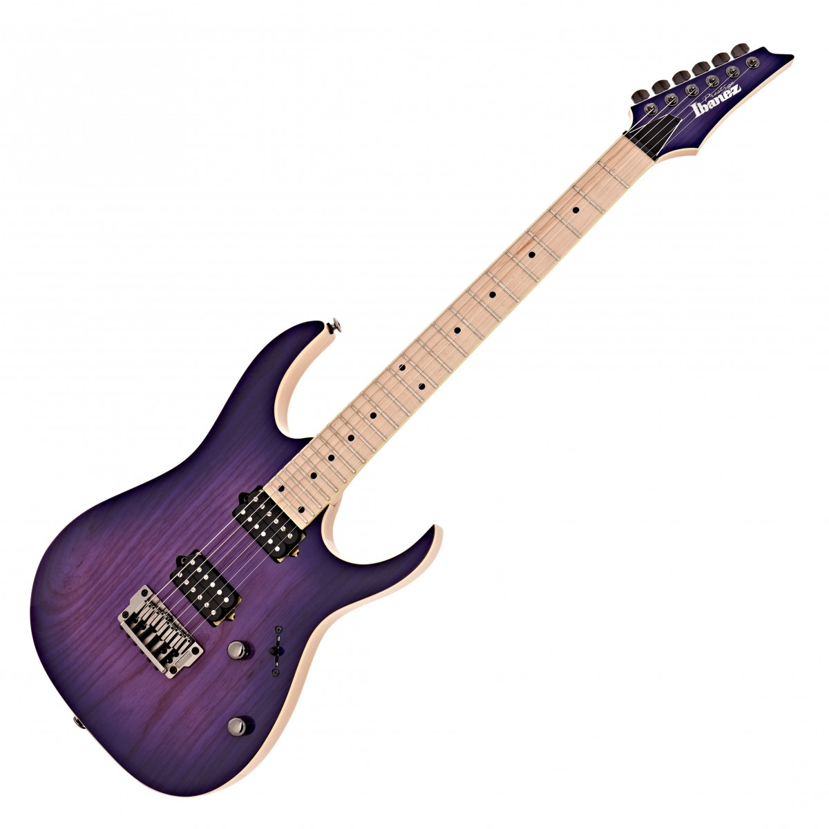 En bild på Ibanez RG652AHMFX Prestige Royal Plumb Burst | En gitarr som är byggd för underbara uppträdanden. Explosiva toner är en självklarhet med Ibanez RG652AHMFX Prestige. Denna schyssta gitarr har ett par DiMarzio humbuckers för ett mångsidigt ljud som ger ett överflöd av värme och djup med Air Norton-halsmicken och ett otroligt brett dynamiskt område på Tone Zone-mikfrofonen vid stallet. Utforska ett dundrande glittrande och kraftfullt ljud i timtal utan ansträngning på dina axlar tack vare askkroppens lätta konstruktion - denna gitarr har verkligen designats för oförglömliga föreställningar.   Med en sublim slät greppbräda i lönn och en slående dubbelhornad design har det aldrig varit lättare att nå de högre banden. Projicera varje ton med skarp definition och glid över greppbrädan med underbar spelbarhet. Denna gitarr har en enastående snygg form och är en symbol för Ibanez orubbliga kvalitet och öga för detalj. Askens naturliga skönhet strålar ut genom gitarrens fantastiska plumb burst finish och kosmosvarta hårdvara som ger magiska svalt tonade utsmyckningar mot kroppens djup. Ibanez RG652AHMFX Prestige ser lika slående ut som den låter.