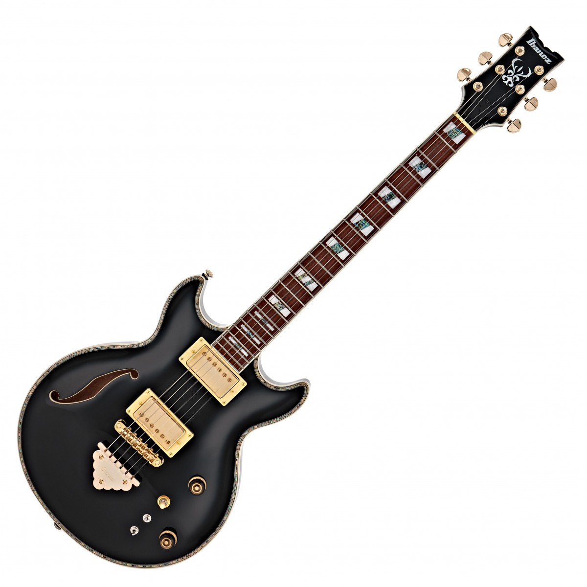 En bild på Ibanez AR520H Black | Rock n roll-perfektion. Få klassisk stil och varma hollow-body kroppstoner utan irriterande feedback. Alla delar av Ibanez AR520H har utformats för ren rock med dig i förarsätet. Dess Super 58 humbucker pickup set gör krämiga mid-gain riff som ingen annan - men det är ingen trick ponny. Både hals- och stallpickuper kan kopplas parallellt i series eller spole-delas för en värld av tonalternativ med en strömbrytare. Och med sin dubbelskurna form och limmade lönnhals är var och en av de 22 medelstora banden inom räckhåll.   Byt strängar på några sekunder. Quik Change Classic-bakstycket är visuellt imponerande och tar också besväret med strängbyten medan Gibraltar Performer-stall ger oöverträffad hållbarhet och inställningsnoggrannhet. AR520H:s bundna Jatoba greppbräda ger en livlig naturlig ton full av mellanregister närvaro medan akryl och abalone blockera inlays och guldhårdvara slutföra en show-stopp estetiska. Med en semi-ihålig AR520 i dina händer är du redo att ta alla scener med storm.
