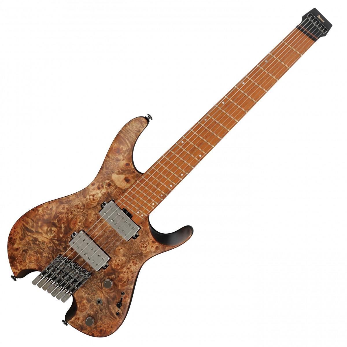 En bild på Ibanez QX527PB Q Series Headless Guitar Antique Brown Stained | Ibanez QX527PB Q Series Headless Gitarren är byggd för musikalisk storhet. Det är den typ av storhet du aldrig har upplevt förut. Denna gnistrande 7-strøngade gitarr är designad för att möta dagens gitarristers krav och har innovation som verkligen går genom gitarrens ådror och förstklassiga Q58 Humbucjer-mickar för ett kraftfullt underbart definierat ljud som är balanserat över hela frekvensomfånget. QX527PB är lätt bärbar och erbjuder avancerad teknik så att du kan bli helt vild medan själva gitarren är perfekt för alla mångfacetterade speltekniker.   Det kanske inte har något gitarrhuvud men den har Q Seriens custom string lock-stämskruvar och Mono Tune-stall. Detta gör det väldigt lätt att byta strängar och ger sublim intonation. Och när du kan spela på en lågvärmebehandlad lönngreppbräda prydd med inåtvinklade Jescar EVO guldfärgade band kan du vara säker på att flyta sömlöst och leverera varje ton som om de gnistrade från strängarna. Med en nyatoh-kropp och en lågvärmebehandlad lönn / bubinga-hals kan den här gitarrens styrka och hållbarhet riktigt grymt spelande. Och för att hålla den i perfekt skick ingår en väska som ger dig extra sinnesro på köpet.