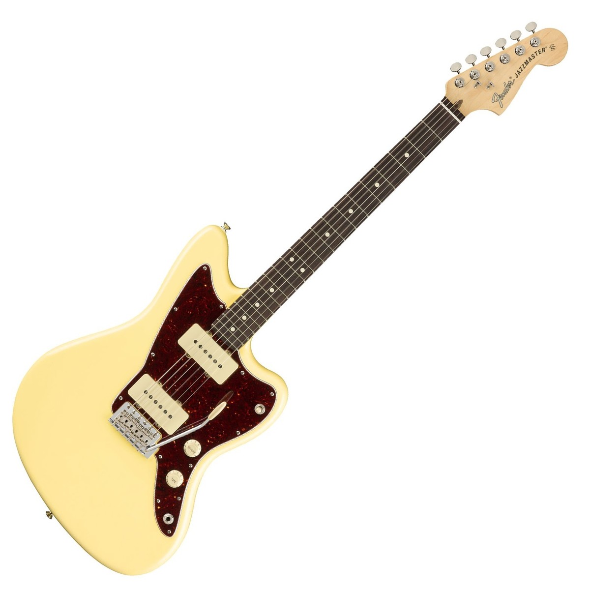 En bild på Fender American Performer Jazzmaster Vintage White | Inspirerande spelbarhet. Fender American Performer Jazzmaster Vintage White för med sig en ny nivå av tonmässig perfektion.   Gitarren omfatttar två enkelspolade Yosemite-mimckar för en oöverträffad dynamisk respons som är perfekt för alla musikaliska situationer. Skulptera din ton och få nya ljudmässiga möjligheter tack vare Greasebucket-tonkretsen som har utformats i detalj för att tillgodose varje gitarrists önskemål. Den klassiska greppbrädan i rosenträ erbjuder klara och tydliga toner med en autentisk förfinad känsla - vilket stärks av Fenders hängivna hantverk. Detta instrument har skräddarsytts troget för gitarrister...