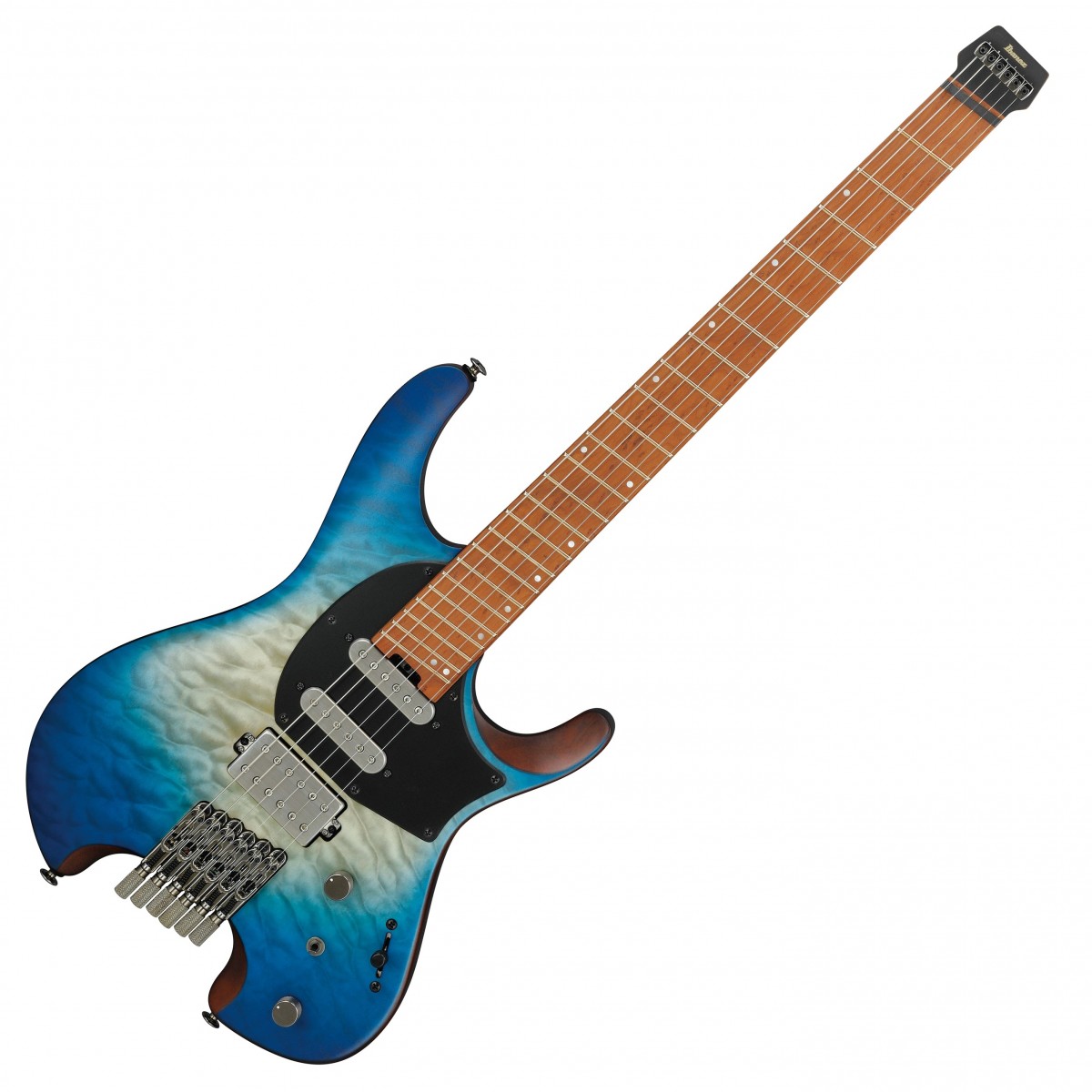 En bild på Ibanez QX54QM Q Series Headless Guitar Blue Sphere Burst Matte | Ibanez QX54QM Q Series Headless Gitarren är byggd för musikalisk storhet. Det är den typ av storhet du aldrig har upplevt förut. Denna gnistrande gitarr är designad för att möta dagens gitarristers krav och har innovation som verkligen går genom gitarrens ådror och förstklassiga R1 / Q58-mickar för ett kraftfullt underbart defninierat ljud som är balanserat över hela frekvensomfånget. QX54QM är lätt bärbar och erbjuder avancerad teknik så att du kan bli helt vild medan själva gitarren är perfekt för alla mångfacetterade speltekniker.   Det kanke inte har något gitarrhuvud men den har Q Seriens custom string lock-stämskruvar och Mono Tune-stall. Detta gör det väldigt lätt att byta strängar och ger sublim intonation. Och när du kan spela på en lågvärmebehandlad lönngreppbräda prydd med inåtvinklade Jescar EVO guldfärgade band kan du vara säker på att flyta sömlöst och leverera varje ton som om de gnistrade från strängarna. Med en nyatoh-kropp och en lågvärmebehandlad lönn / bubinga-hals kan den här gitarrens styrka och hållbarhet riktigt grymt spelande. Och för att hålla den i perfekt skick ingår en väska som ger dig extra sinnesro på köpet.
