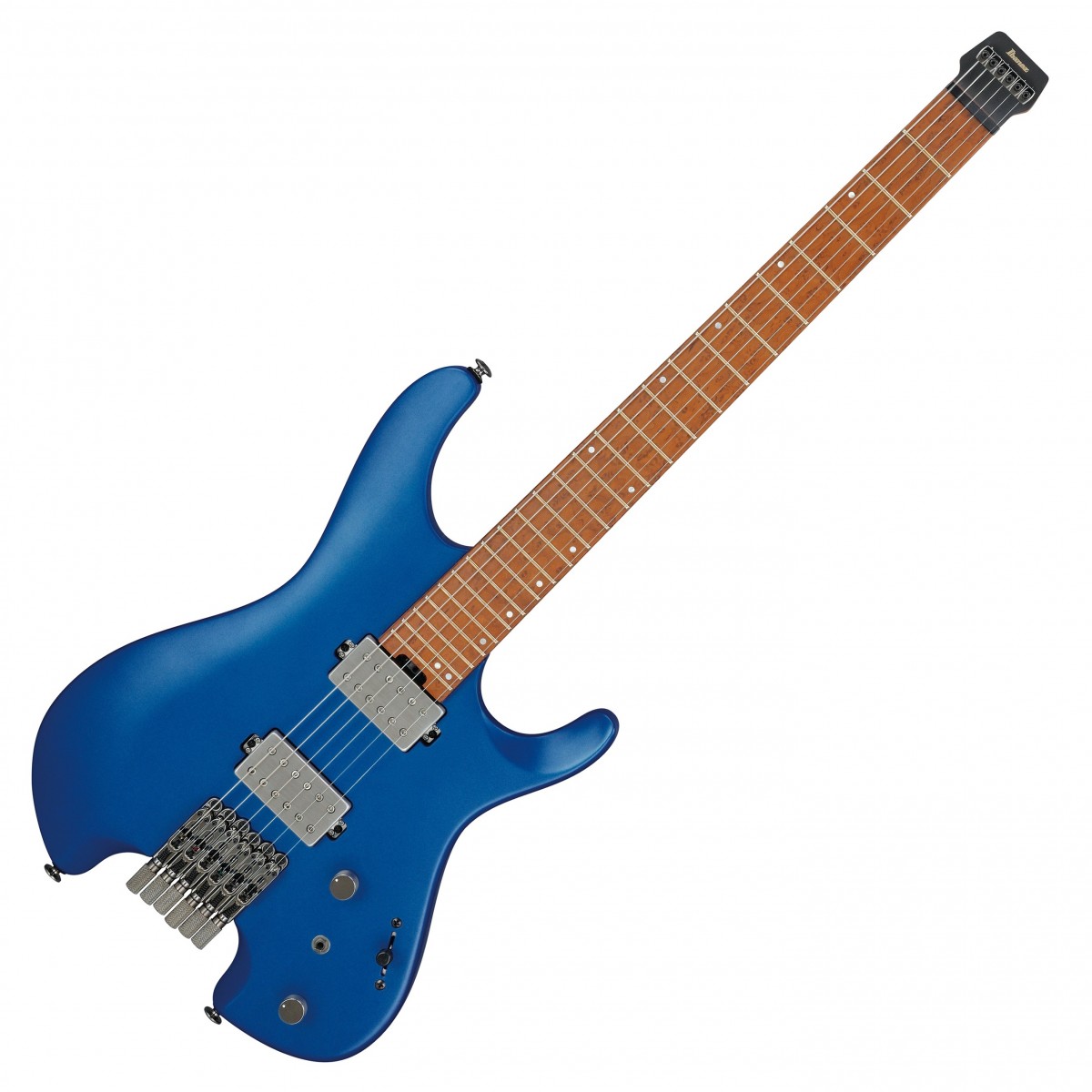 En bild på Ibanez Q52 Q Series Headless Guitar Laser Blue Matte | Ibanez Q52 Q Series Headless-gitarren är byggd för musikalisk storhet. Det är den typ av storhet du aldrig har upplevt förut. Detta vidunder är designat för att möta dagens spelares krav och har en innovation som går ända genom instrumentets ådror vilket ger i en balanserad utsökt och definierad Q58 humbucking-ton. Q52 är lätt bärbar och ger en mycket avancerad teknik och gör det lätt att spela vilt medan den rymmer alla mångfacetterade speltekniker.   Gitarren saknart ett huvud men den här Q- Series gurans custom string lock-stämskruvar och Mono Tune-stall möjliggör enkla strängbyten och sublim intonation. Den enastående lågvärmebehandlae lönngreppbrädan är prydd med Jescar EVO Gold-band så att du kan du glida sömlöst och leverera varje ton som om de rent ut saft gnistrade från strängarna. Med en nyatoh-kropp och en låtgvärmebehandlad lönn / bubinga-hals tål den här gitarrens styrka och hållbarhet hur grymt spelande som helst. Och för att hålla den i perfekt skick ingår en väska som ger dig extra sinnesro.