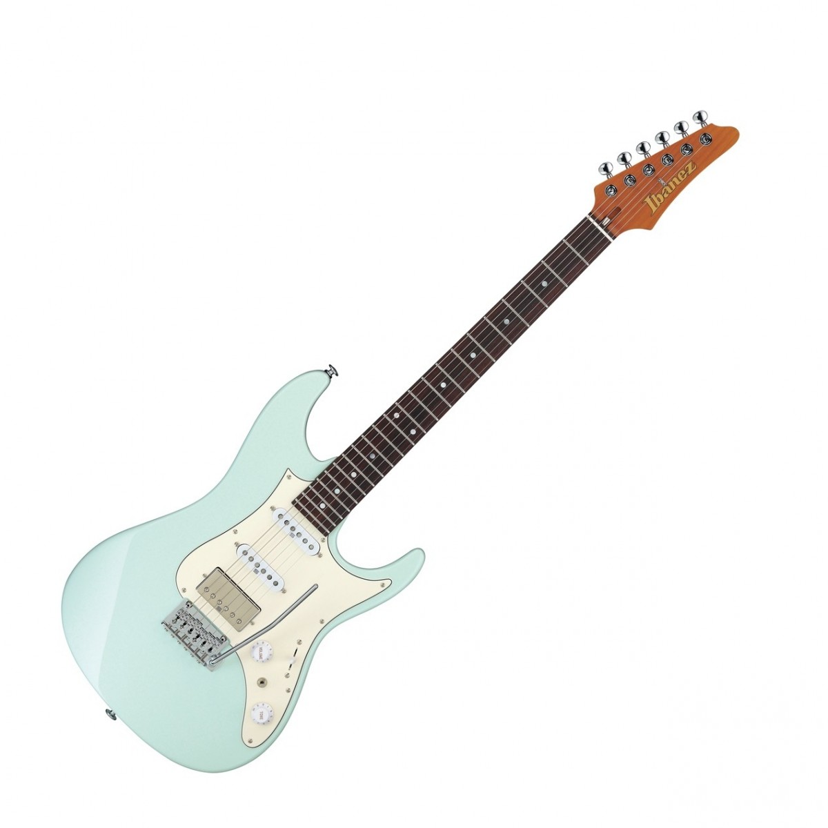 En bild på Ibanez AZ2204NW Prestige Mint Green | Ibanez AZ2204NW Prestige är en förstklassig gitarr som garanterat tar ditt framträdande till nästa nivå. Kroppen i al i kombination med dess hals i lönn och rosenträ för smidiga och rika toner packade med kraft och slagkraftighet som ger en perfekt grund för detaljrikt spelande. Du kan sedan förbättra dessa fantastiska ljud ytterligare tack vare trion av pickuper som producerar ett fantastiskt ljud och tremolon som låter dig lägga till tonhöjdsböjningar och uttrycksfullt vibrato.   Tack vare finishen i mint green och pearl kommer du att se bra ut när du spelar. Gitarrens hals är välgjord i en oval "C"-profil och erbjuder timmar av bekvämt spelande medan greppbrädan i rosenträ ser till att glidning mellan banden är en lyxig upplevelse. Du får även en praktisk spelningsväska som ger skydd under transport. Spela fantastiska toner med stil.