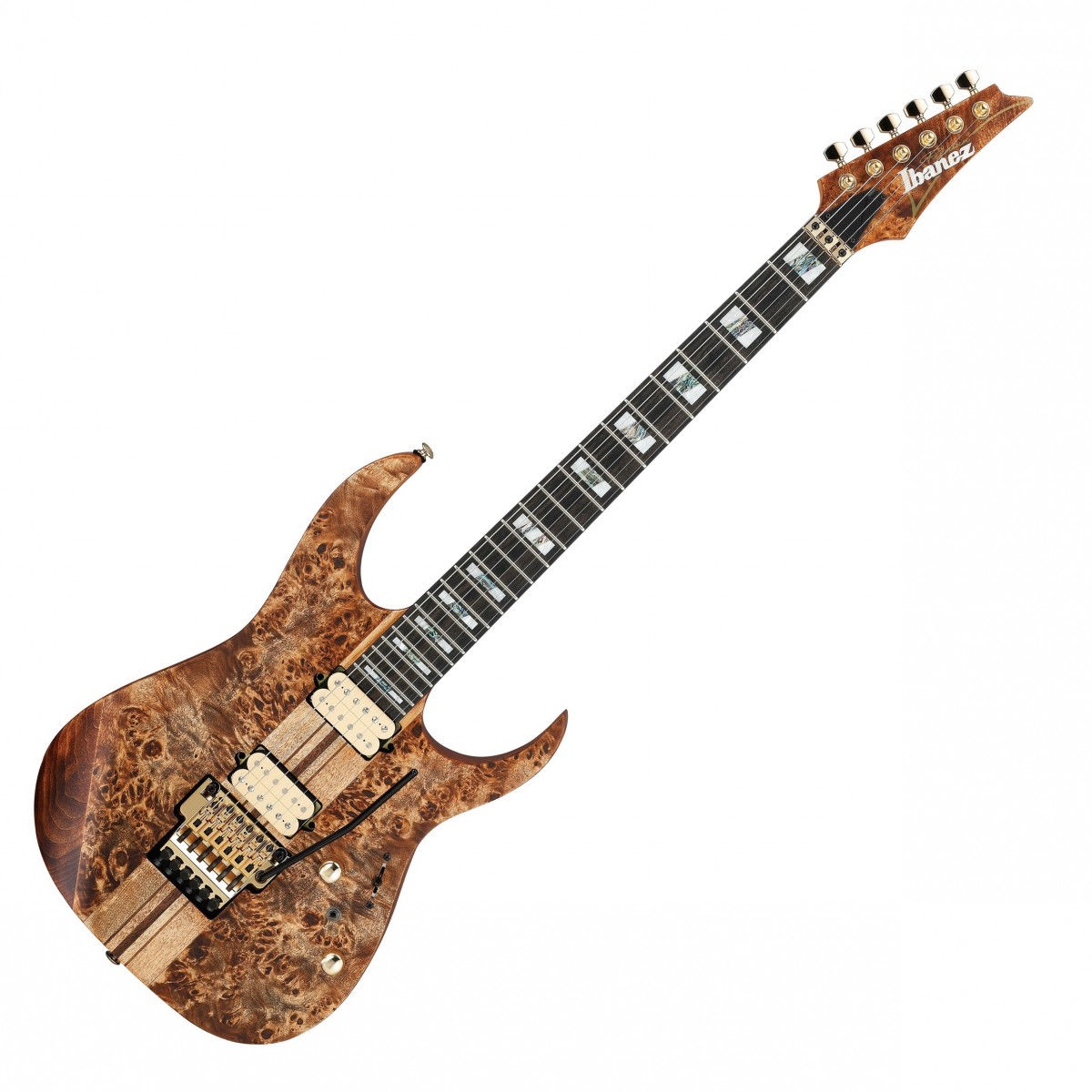 En bild på Ibanez RGT1220PB Premium Antique Brown Stain | Ibanez RGT1220PB Premium är ett vackert instrument. Under dess mörka och vackra topp i poplar-burl-trä finns det gitarrhantverksmagi som laddar den med ett starkt ljud. Berömda DiMarzio pickuper i form av en Air Norton och Tone Zone fungerar som artilleri för en verkligt decimerande men ändå dynamisk ton. Du kommer att kunna växla mellan morrandet och rytandet från stallhumbuckerna och den feta mättade rösten från halspickupen. Låt de rivande riffen flyga på scenen.   Glid längs banden i oklanderlig stil - du har en Wizard III-lönn/valnötshals till ditt förfogande. Denna legendariska design underlättar ultrasnabbt spelande tack vare sin tunna platta form. Band i rostfritt stål med överlägsen Premium bandkantsbehandling täcker den perfekta greppbrädan i ebenholtsträ vilket gör din ton fyllig. Den långa halsen betyder också att du har tillgång till galen sustain - låt varje ton ringa ut i sin fullaste form.