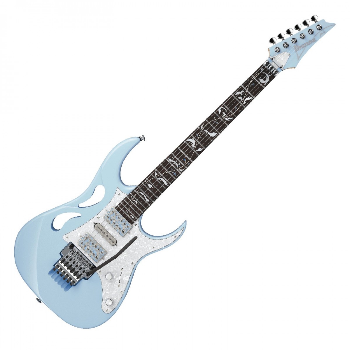 En bild på Ibanez PIA3761C Steve Vai Signature Pia Blue Powder | Ibanez PIA3761C Steve Vai är ett instrument med hög specifikation utan kompromisser. Byggd för att se ut - och låta - exceptionell kommer den att göra dig glad med sin fantastiska ljudmångsidighet. Det är med tillstånd av tre kraftfulla DiMarzio UtoPIA-pickuper som kan uttrycka en fantastisk repertoar av toner. Konfigurerad i en HSH-layout har du en bredd av ljud till ditt förfogande med seriös keramisk humbucker -styrka för attitydfylld distorsion och en enstaka coil alnico för gnistrande musikaliska rengöringar. Kombinera detta med dess 5-vägsväxling så kan du servera en ljudlig fest. Designad i samarbete med Steve Vai kommer den inte bara att låta bra utan skryta med den typ av spelbarhet som spelare på virtuosnivå behöver. För det ändamålet får du en av de snabbaste halsarna som någonsin setts på en gitarr. Halsen i 5 st lönn/ walnut är chockerande smal slank och stabil vilket möjliggör snabba positionsändringar. Tillsammans med en vacker greppbräda i PIA-blossom inlägg i rosenträ som har fått Prestige -behandlingen med greppkant kan du låta din kreativitet explodera. För att inte tala om tremolosystemet med låskant som öppnar nya dimensioner av vibratoakrobatik! Dykbomber skimmer och fladder träffar alla med precision utan att några negativa justeringar påverkar. Lås upp din potential Steve Vai PIA3761C ger dig plattformen för att driva ditt spelande ytterligare.