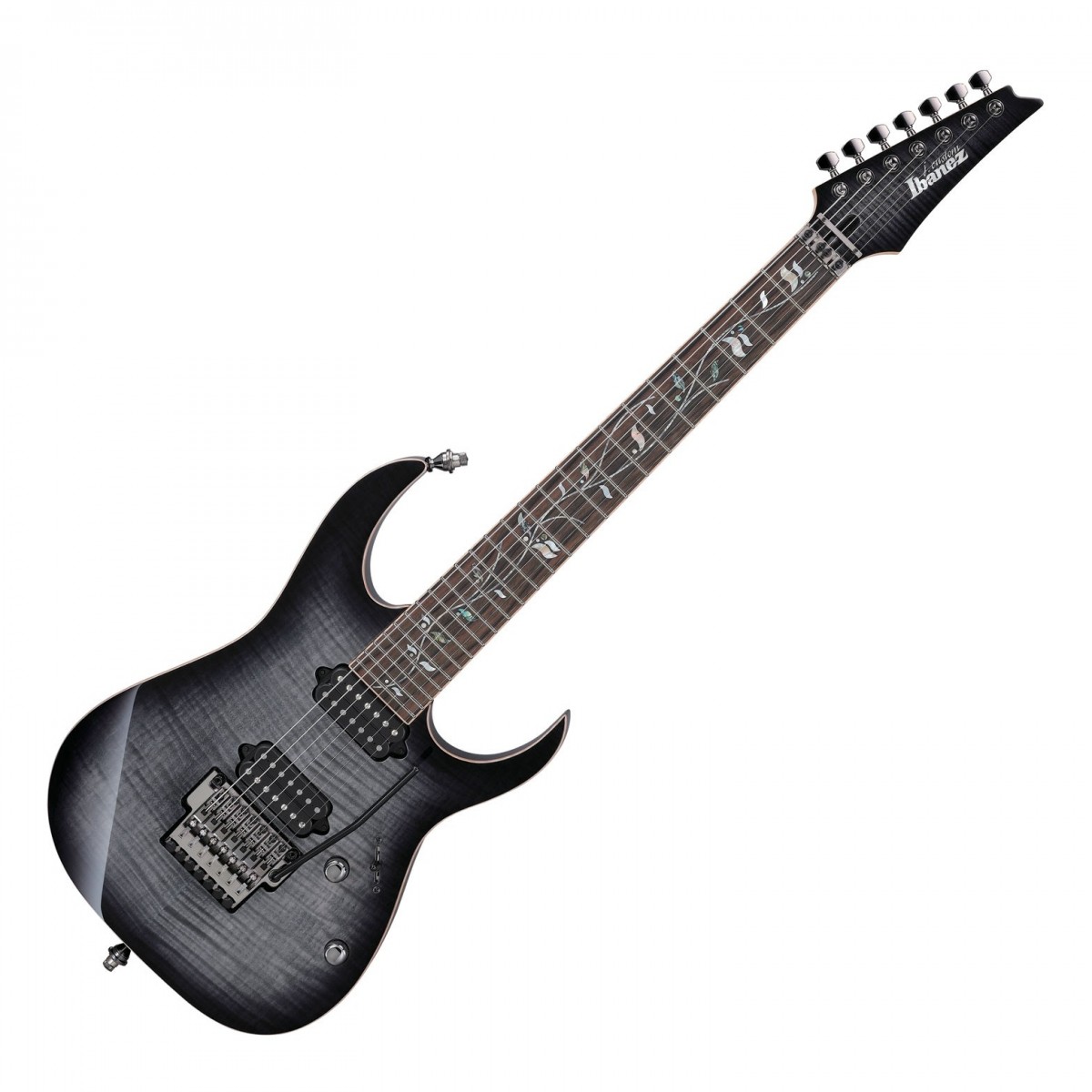 En bild på Ibanez RG8527 RG J Custom  Black Rutile | Ibanez RG8527 RG J Custom är ungefär så toppspecifik som den kan bli. Tillverkad av en elite av mycket skickliga luthiers i Ibanez 's Japan-verkstad RG J Custom representerar det bästa av det bästa. Det är därför den är utrustad med de mest premiumkomponenter du kan hitta på en gitarr! Börjar med sin ultraexakta J Custom "Super Wizard "-halsprofil som är finslipad till en fin "Velvetouch"-finish - det kommer att kännas som att du har spelat den i årtionden när du först tar upp den! Det kombineras med speciella J Custom band edge-behandlingar för att ge en salig fingerkänsla. Stringböjningar är flytande strängverkan är enkel och banden är byggda för att hålla. Och medan du avfyrar riffs kommer de att uttryckas i obefläckade detaljer av ett par DiMarzio PAF 7 humbuckers. De erbjuder rena och tydliga lågnivåer och rundade varma toppar dessa kommer att replikera varje nyans av ditt spelande. Den legendariska Lo-Pro Edge Tremolo-stallet fullbordar den högklassiga samlingen av möten som gör det möjligt för alla typer av kaos i barer att piffa upp solon utan att någonsin gå i obalans. För spelare som verkligen vill ha toppen av spelbarhet väntar RG8527 RG J Custom ...