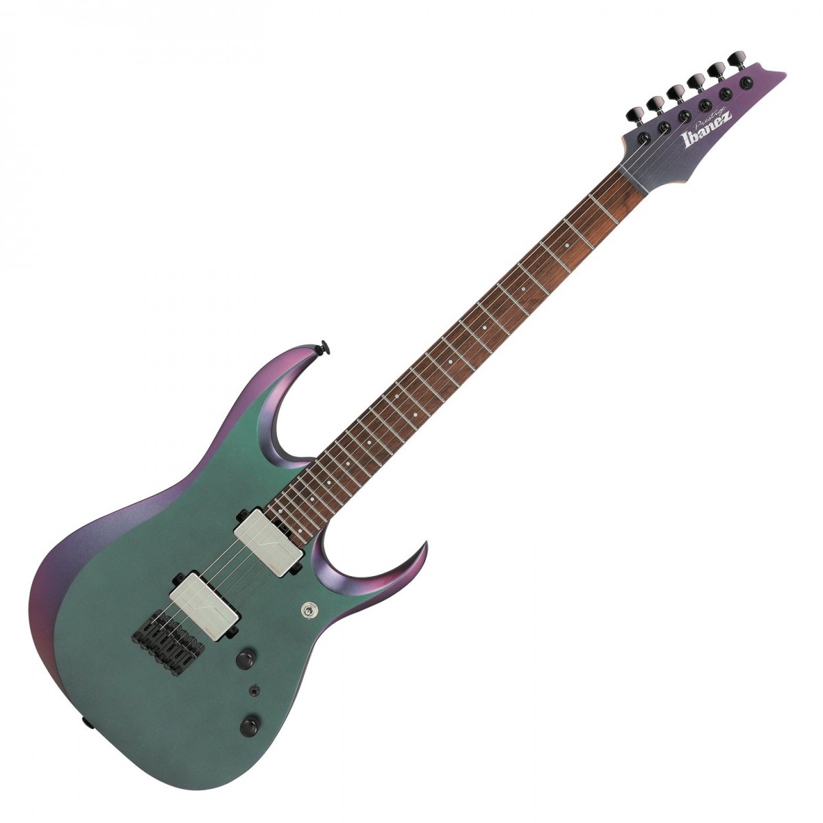 En bild på Ibanez RGD3121 RG Prestige Polar Lights Flat | Ibanez RGD3121 RG Prestige är den perfekta metallmaskinen. Byggd speciellt för nedjusterad distorsion kommer du att kunna tjata och tjata med lätthet tack vare Prestige designen av hög kvalitet. Det börjar med den något längre skallängden på 265" vilket optimerar de nedre tangenterna tack vare den längre strängspänningen vilket gör det lättare att intonera tjockare Strängmått. Men det handlar inte bara om den låga delen för med extra djupa cutaways till kroppen kommer du lätt till de högre tonerna också. Och inte bara med lätthet utan också supersnabbt! För med Ibanez berömda wizard flyger du runt vågen i högsta fart. Och med Fishman Fluence Ceramic humbuckers kommer ingen av dessa snabba toner att gå vilse i mixen eftersom dessa kraftfulla humbuckers ger maximal definition för allt du spelar. Med alternativa röster att växla mellan är du inte bara begränsad till högutgående metalljud heller! Komplett med hårdvara på Prestige-nivå för att garantera en stabil inställningsprestanda RGD3121 RG är redo att blåsa bort dig!