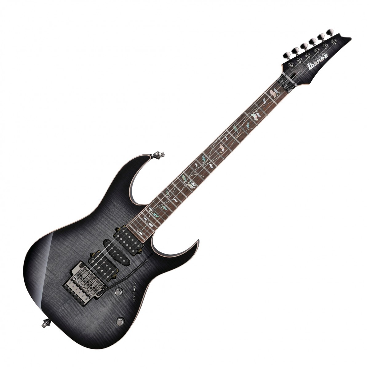En bild på Ibanez RG8570 J Custom Black Rutile | Ibanez RG8570 J Custom har designats och tillverkats av experter som vet exakt vad den moderna gitarristen vill ha. Med tre DiMarzio-pickuper inklusive The Tone Zone Air Norton och True Velvet kan den här gitarren skapa ett helt universum av ljud med bara en knapptryckning.   Du kommer inte att ha någon brist på inspiration med detta instrument i dina händer eftersom det enkelt kommer att hantera vilken stil eller genre som helst som du vill spela. En sublim Super Wizard femdelad lönn/wenge-hals underlättar den mest lyxiga blixtsnabba manövrerbarheten man kan tänka sig.