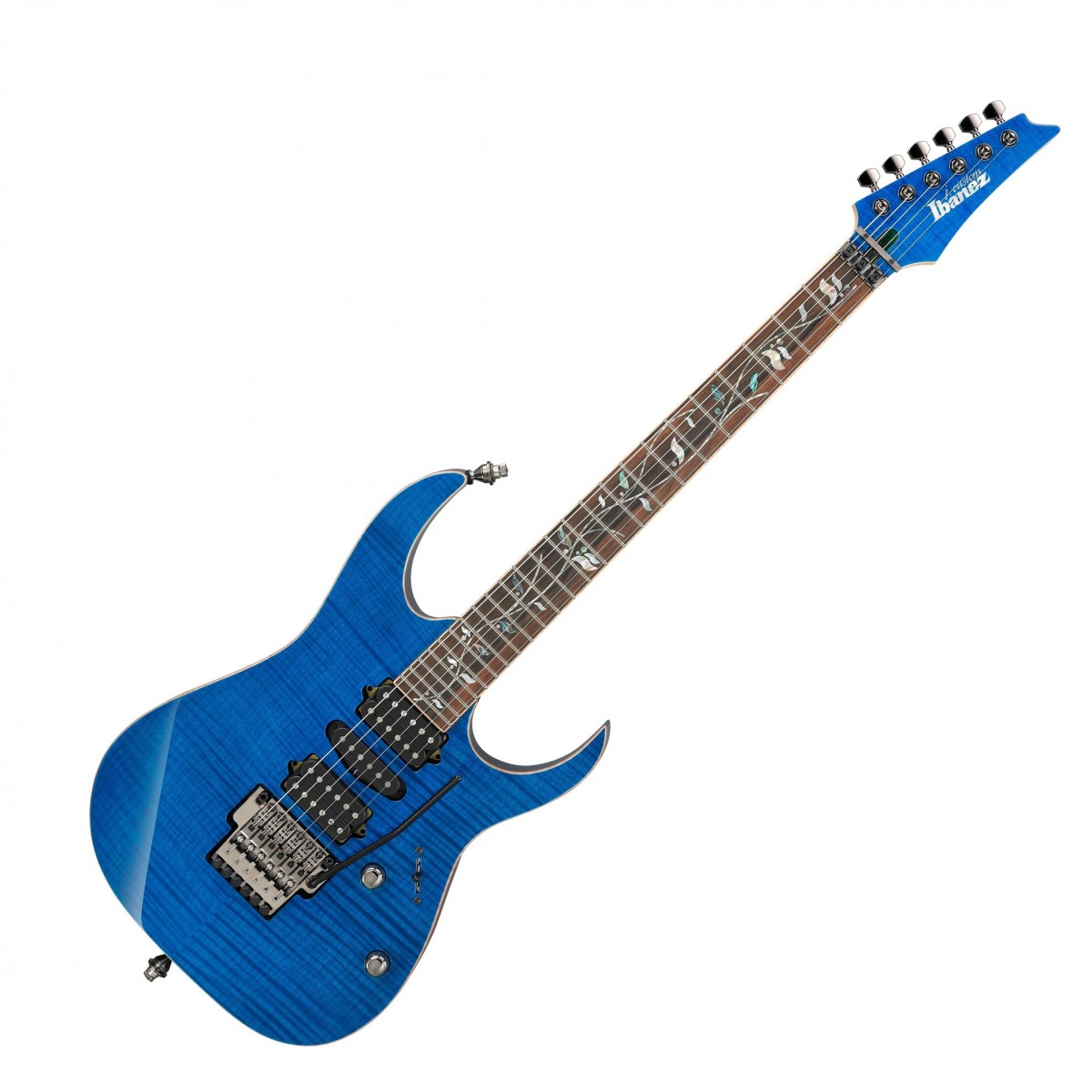 En bild på Ibanez RG8570 J Custom Royal Blue Sapphire | Ibanez RG8570 J Custom har designats och tillverkats av experter som vet exakt vad den moderna gitarristen vill ha. Med tre DiMarzio-pickuper inklusive The Tone Zone Air Norton och True Velvet kan den här gitarren skapa ett helt universum av ljud med bara en knapptryckning.   Du kommer inte att ha någon brist på inspiration med detta instrument i dina händer eftersom det enkelt kommer att hantera vilken stil eller genre som helst som du vill spela. En sublim Super Wizard femdelad lönn/wenge-hals underlättar den mest lyxiga blixtsnabba manövrerbarheten man kan tänka sig.