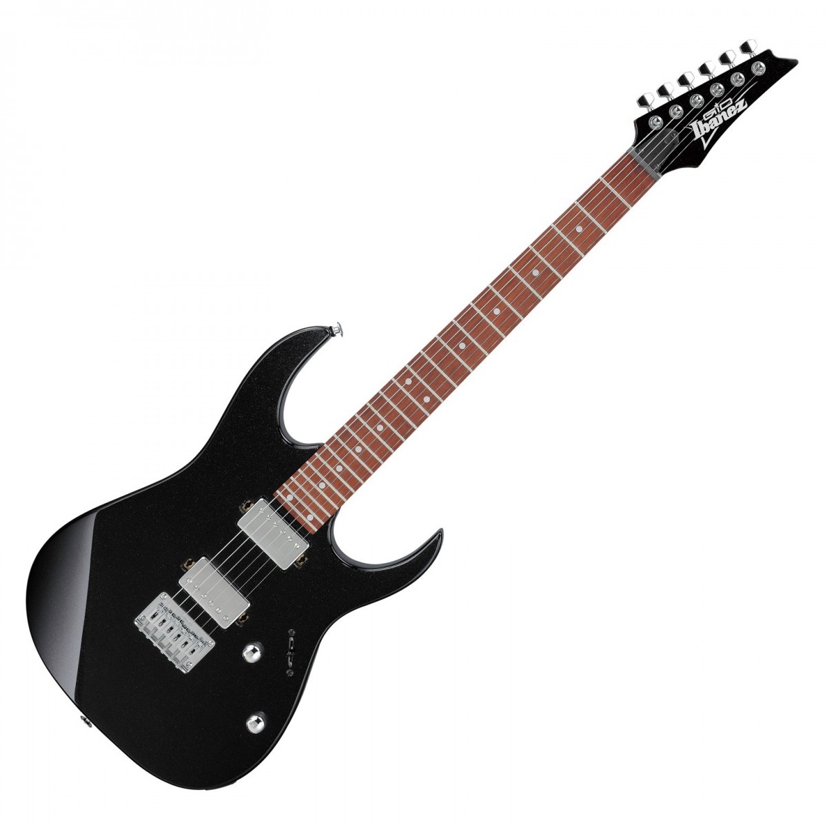 En bild på Ibanez GRG121SP GIO Series Black Night | Ibanez GRG121SP i GIO-serien är en gitarr med attityd som besitter några allvarligt kraftfulla toner. Den har dubbla Ibanez Classic Elite humbucking-pickuper och genererar knarrande ljud med tydliga diskanater och feta rungande basnoter. Pickuperna är bra för både tuggande ackord och högskaliga solon så du kan njuta av alla möjliga metall- och rockljud.   Och på tal om solon så gör den tunna Ibanez halsprofilen och jatoba greppbrädan det lätt att spela flytande snabba riff. Ännu bättre halsen är gjord av rostad lönn för att säkerställa en stark hållbarhet och rika övertoner. Kombinerat med den suveräna prestandan hos ett fullt justerbart Ibanez F106-stall har du en gitarr som kan spela hela natten utan att behöva stämmas om! Och det är inte allt för Ibanez har utrustat den med ett mono ingångsuttag som inte kräver underhåll oavsett hur många gånger du kopplar in för att spela. Det är dags att börja rocka!