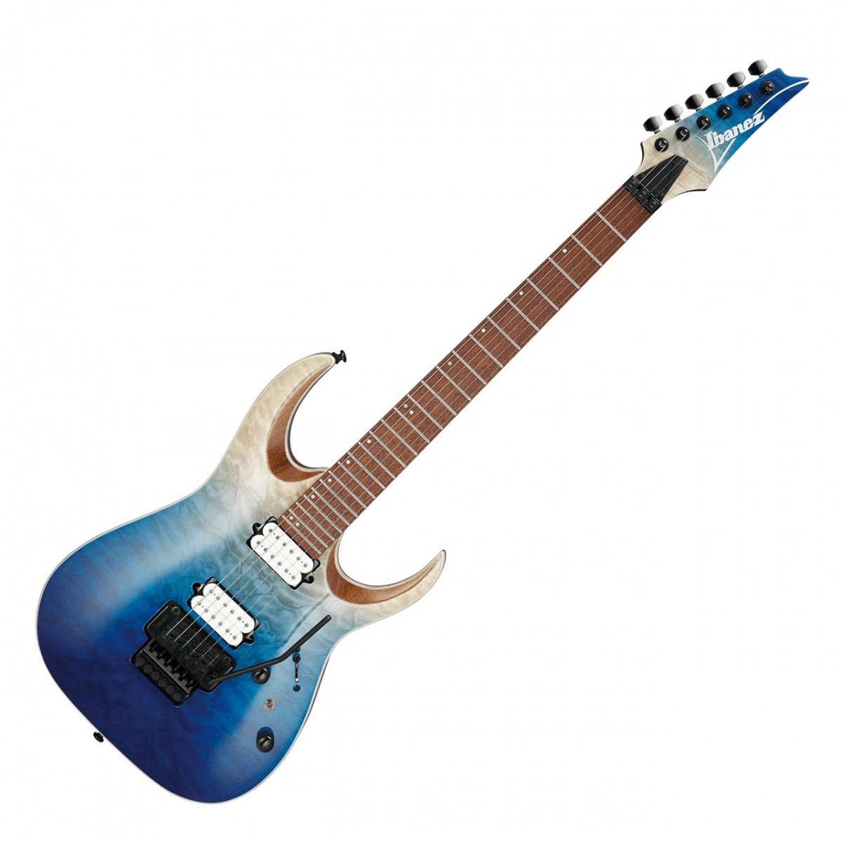En bild på Ibanez RGA42HPTQM Blue Iceberg Gradation | Ibanez RGA42HPTQM är ett kraftpaket för ett instrument. Den levererar en dynamisk ton som är perfekt för alla avid gitarrist som vill spela med passion och grymhet. Låt dig inte luras av lugnet i dess strandliknande färger den här modellens ljud påminner verkligen om hårdheten och spetsen i dess blue iceberg finishen. Låt ett hav av spännande ljud skölja över dig.  Projicera klarhet och volym från DiMarzio Fusion Edge-pickuper när dina fingrar svävar över en silkeslen Wizard III-hals och en elegant jatoba-greppbräda. Upplev snäva låga och gnistrande toppar och leverera till och med en vintageinspirerad ton med hjälp av spiralkransomkopplaren. Och med en så vacker lönn- och nyatohkropp låter denna Ibanez dig utforska underverken med ett vackert balanserat ljud. Möjligheterna är oändliga och de ber om att utnyttjas av ditt skickliga orädda spel.