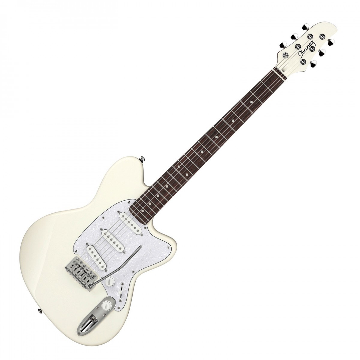 En bild på Ibanez ICHI00 Ichika Nito Signature Vintage White | Ibanez ICHI00 Ichika Nito Signature är ett instrument som passar den virtuosa youtube-sensationen. Med elegant utseende och en serie kvalitetskomponenter är den perfekt för gitarrister som vill tänja på gränserna för tekniska färdigheter - precis som Nito själv! Utrustad med en wizard C-formad hals och en greppbräda i rosenträ med slitsade medelstora band ger den en supersmidig touch som hjälper dig att navigera snabbt på vågen.  Och med en uppsättning anpassade Ichika Nito-pickuper som ger en mångsidig tonal palett är himlen gränsen för din soniska kreativitet! De levererar massor av twang och klockspel med utmärkt tonseparation tack vare deras ljusa keramiska enkelspoliga de är utmärkta för både tappning av avledningar och rytmarbete. Till det kommer T106 tremolo-stallet som kan accentuera din ton med skimrande vibrato förutom att hålla din intonation i schack. Komplett med en praktisk spelningsväska och en uppsättning pålitliga Gotoh låsande kommer ICHI00 att låta dig utforska varje tum av din potential.