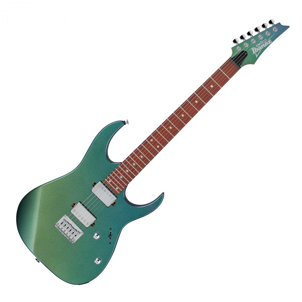 En bild på Ibanez GRG121SP Green Yellow Chameleon | Ibanez GRG121SP är inte bara en gitarr det är en shredding. Denna modell kommer laddad med två Classic Elite humbucker pickuper som är kända för sin Exceptionell ljudkvalitet och är högt ansedda av gitarrentusiaster. Med sin kraftfulla och mångsidiga design levererar denna elektronik rika nyanserade toner som verkligen är imponerande. De har en stark low-end som lägger till djup och dimension till ditt ljud medan mellanregistret och high-end är kristallklart och väldefinierat. Oavsett om du spelar rock eller blues jazz eller metal klarar dessa pickuper allt. GRG121SP är tillverkad med en högkvalitativ poppelkropp och har en rostad lönnhals och den är inte bara visuellt fantastisk utan har också otrolig spelbarhet. Den smidiga och felfria känslan hos denna gitarr är resultatet av det noggranna valet av trä och den fantastiska designen. Med F106-stalln är stränghöjdsjusteringar lätta och den förbättrade sustainen är verkligen vacker. Dessutom kan du njuta av långvarig spelglädje utan att behöva oroa dig för kontaktfel eller frånkoppling tack vare mono-enhetens utgångsjack gjord av solidt material. Allt du behöver för den ultimata prestandan.