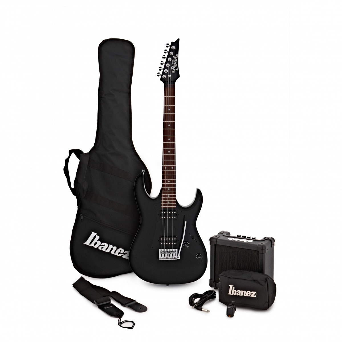 En bild på Ibanez IJRX20E Guitar Pack Black Night - Nearly New | Ett kvalitativt gitarrpaket fyllt med funktioner. Ibanez IJRX20U har allt för blivande gitarrister i en låda. Gitarren i sig innehåller en mängd kvalitativa funktioner inklusive kvalitativa Infinity-mickar och en GRX-lönnhals för ren tillfredsställelse. Den har också ett T106-tremolostall för oändliga vibratos. Det finns en 10W-förstärkare som ger dig den volym du behöver för effektiv övning och riffing. En stämapparat rem kabel plektrum och tillbehörsficka medföljer. Med dessa kan du hålla ditt instrument säkert och låta spektakulär. Du kan verkligen inte gå fel med detta paket