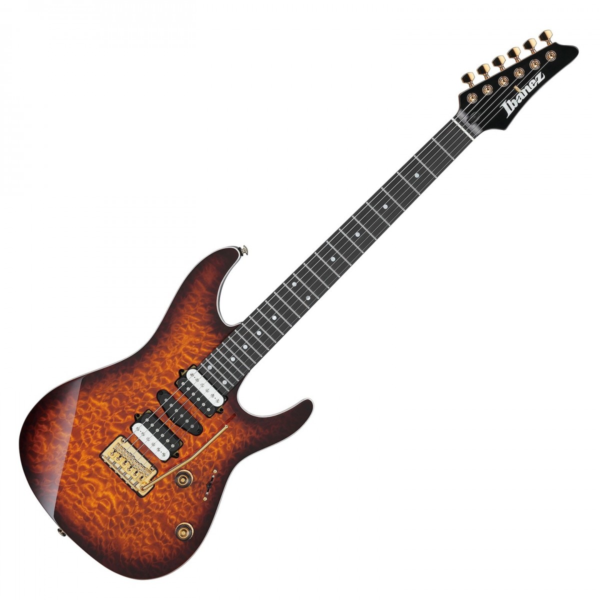 En bild på Ibanez AZ47P1QM-DEB Premium Dragon Eye Burst | Ibanez AZ47P1QM Premium är en gitarr i toppklass som garanterat kommer att ta ditt framträdande till nästa nivå. Kroppen i lönn och Svartlindi kombination med halsen i lönn och Ebenholts ger mjuka och fylliga toner fyllda med kraft och slagkraftighet som ger en perfekt grund för artikulerat spel. Du kan sedan förbättra dessa fantastiska voicings ytterligare tack vare trion av pickuper som ger ett fantastiskt ljud och dess tremolo som gör att du kan lägga till pitch bends och uttrycksfullt vibrato. Tack vare dragon ice burst-finishen och inläggen i modermaterialet pearl kommer du att se bra ut samtidigt som du spelar. Gitarrens hals är väl utformad med en oval "C"-profil och erbjuder timmar av bekvämt spelande medan greppbrädan Ebenholts säkerställer enkel spelbarhet. Tillsammans med din gitarr får du en praktisk väska som ger skydd under transport.