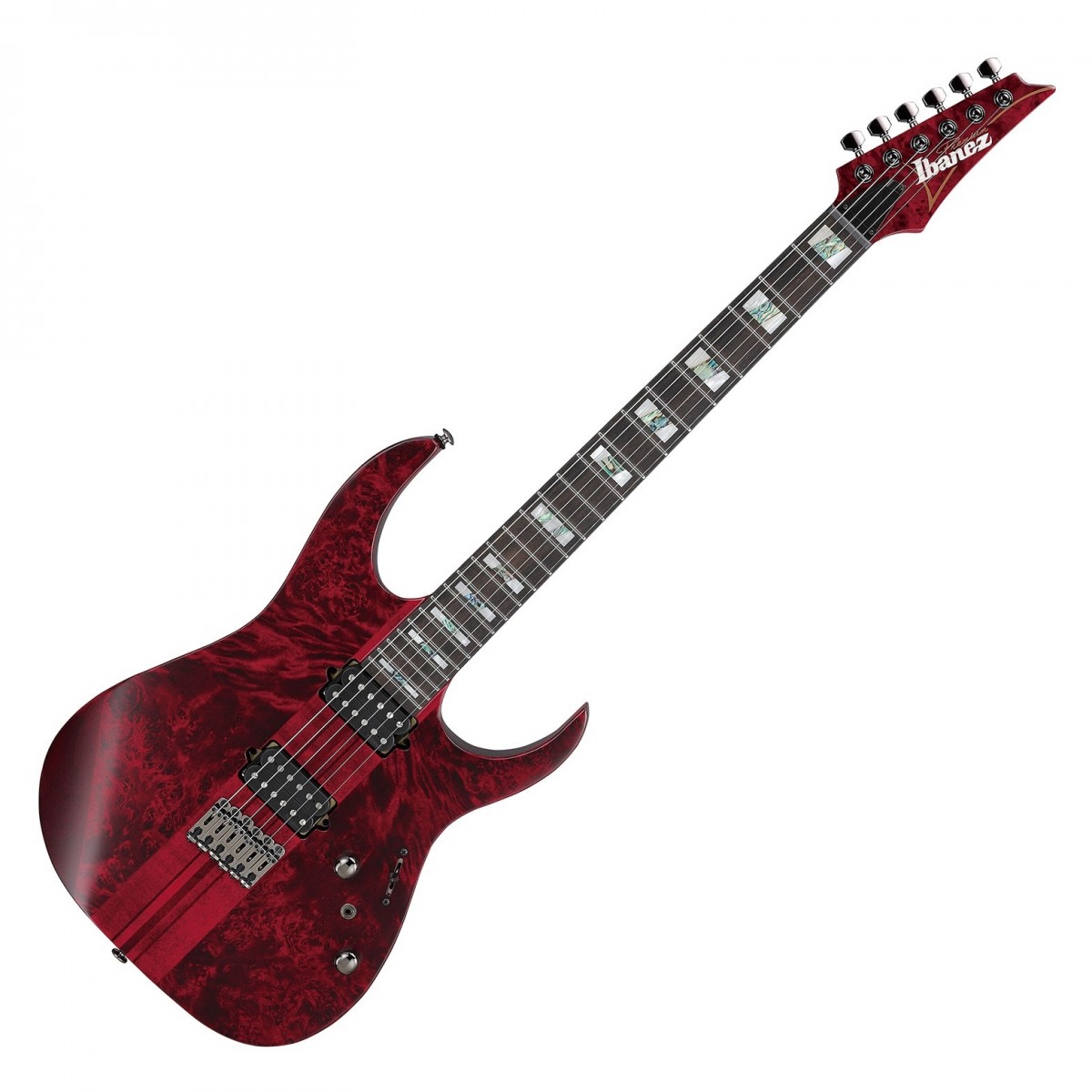 En bild på Ibanez RGT1221PB-SWL Stained Wine Red Low Gloss | Ibanez RGT1221PB Premium är en överlägsen gitarr. De berömda DiMarzio -pickuperna i form av en Air Norton och Tone Zone fungerar som artilleri för en verkligt decimerande men dynamisk ton. Du kommer att kunna växla mellan brummandet och bettet från stalln humbucker och den feta mättade rösten från halspickupen.  Rör dig längs banden i oklanderlig stil med Wizard III lönn/valSadel-halsen till ditt förfogande. Denna legendariska design möjliggör ultrasnabb fretting tack vare sin tunna platta form. Banden i rostfritt stål med överlägsen Premium fret edge-behandling kantar den orörda greppbrädan Ebenholts som ger din ton en gnista och ett bett. Kroppsbyggnaden neck-through innebär också att du har tillgång till sustain - låt varje ton klinga ut i sin fulla form.