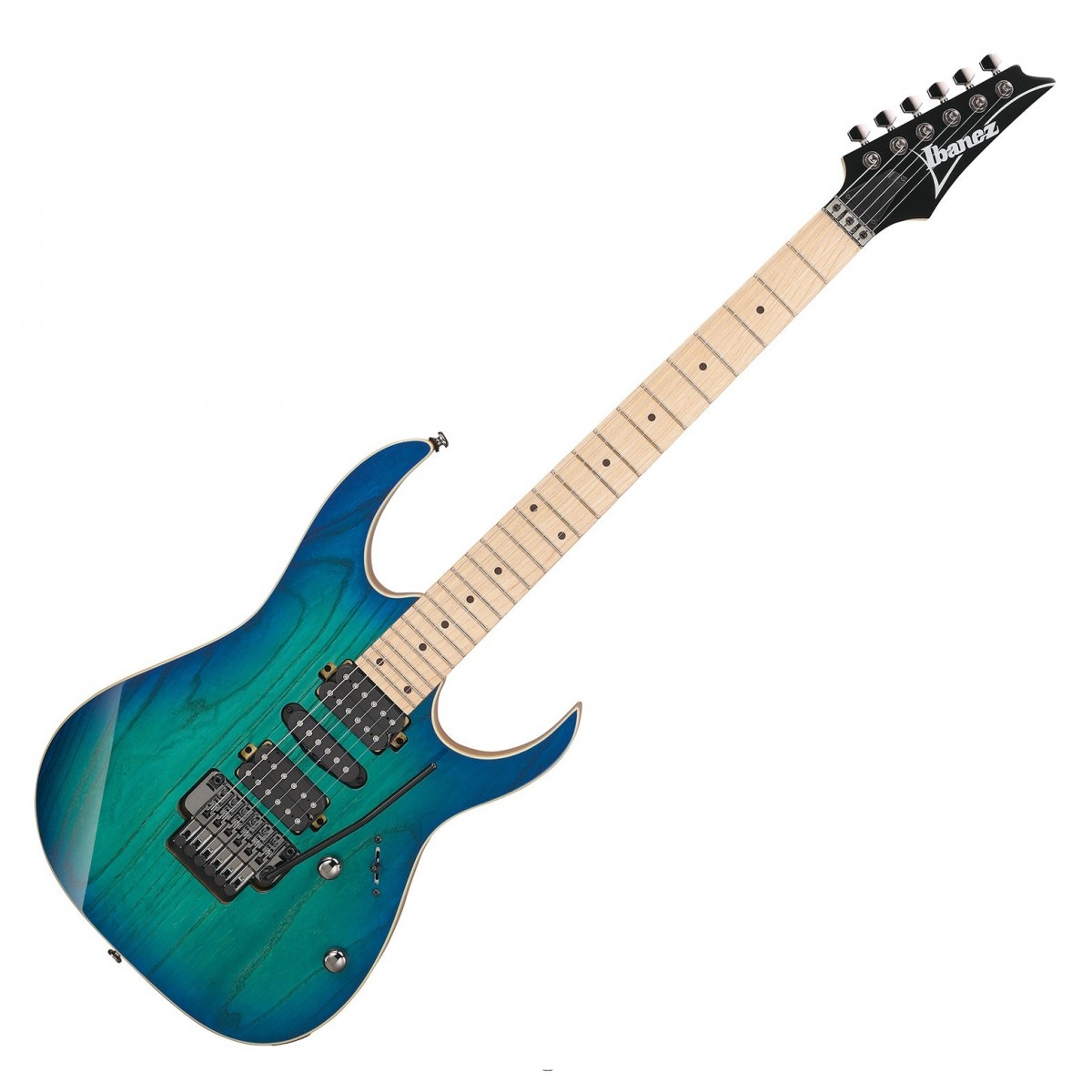En bild på Ibanez RG470AHM-BMT Blue Moon Burst | Ibanez RG470AHM-BMT är en premiumgitarr till ett överkomligt pris. Den har Ibanez:s berömda Wizard III-halsprofil som är känd för sin tunna och platta form - perfekt för supersnabbt riffande. Dessutom finns jumboband som ger smidiga strängböjningar och en snabb tonansats medan greppbrädans 400 mm radie gör det enkelt att byta grepp chord.  Gitarrkroppen i ask ger en härlig ljushet och rik sustain som kompletterar den accelererade basresponsen från Quantum H-S-H-pickuperna. Dessa är perfekta för att spela snabba staccato-riff med förkrossande mellanregister och exakt artikulation i de övre tonerna förutom att de ger ett fantastiskt spektrum av toner att välja mellan. Slutligen bidrar Edge-Zero II-tremolostalln till ökad spelkomfort och stud lock-funktion för stabil stämning. Om du letar efter ett högpresterande instrument som inte kostar skjortan är RG470AHM den gitarr du behöver!