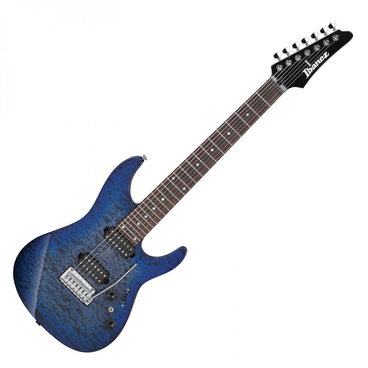 En bild på Ibanez AZ427P2QM-TUB Premium Twilight Blue Burst | Ibanez AZ427P2QM-TUB Premium är ett bevis på deras engagemang för kvalitet innovation och konstnärlighet inom musik. Denna mångsidiga gitarr levererar en unik blandning av varma blues-toner och våldsamma heavy metal-vrål genom sina Seymour Duncan Hyperion-pickuper. Dessa humbuckers har utformats speciellt för Ibanez och använder alnico V-magneter för att ge dig massor av output med bibehållen klarhet - även under kraftig distorsion. Ännu bättre är att du har Ibanez:s dyna-MIX10-omkopplarsystem som öppnar upp för en enorm mängd olika ljud för att ge din kreativitet fritt spelrum.  Utöver de mångsidiga tonerna har AZ427P2QM-TUB en spelbarhet på professionell nivå tack vare den ovala C-formade rostade lönnhalsen. Den är snygg smidig och snabb att spela på riff tack vare Sidenmattfinishen och de självlysande sidopunkterna. När det gäller stabilitet kombineras den rostade lönnen med Gotoh -hårdvara för att säkerställa en extremt pålitlig prestanda på arbetshästnivå. Förvänta dig exakt intonation och snabb respons från tremolostalln och stämningar som förblir låsta på plats oavsett hur hårt du trycker på vibratorerna. AZ427P2QM toppas med en slitstark väska och är den högpresterande shred -maskin du har väntat på.