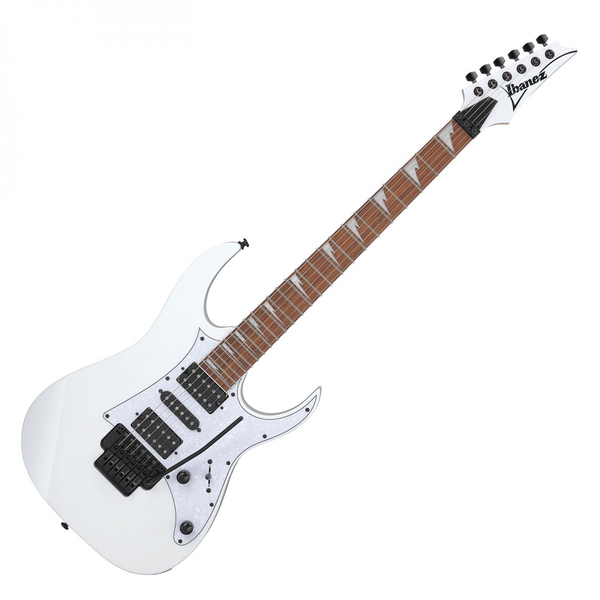 En bild på Ibanez RG450DXB-WH White | Ibanez RG450DXB är en premiumgitarr till ett överkomligt pris. Den har en vacker finish och sharktooth-inlägg som gör att du kan stå i rampljuset på vilken scen som helst. Dessutom har den Ibanez:s berömda Wizard III-halsprofil som är känd för sin tunna och platta form - perfekt för supersnabbt riffande. Banden i jumbostorlek ger smidiga strängböjningar och en snabb notrörelse medan greppbrädans 400 mm radie gör det enkelt att byta grepp chord.  Gitarrens meranti-kropp ger en sötma och fyllig sustain till dina toner vilket kompletterar den accelererade basresponsen hos Quantum H-S-H-pickuperna. Dessa är perfekta för att spåra snabba staccato-riff med förkrossande mellanregister och exakt artikulation i de övre tonerna förutom att de ger ett fantastiskt spektrum av toner att välja mellan. Slutligen bidrar Edge-Zero II-tremolostalln till ökad spelkomfort och stud lock-funktion för stabil stämning. Om du letar efter ett högpresterande instrument som inte kostar skjortan är RG450DXB den gitarr du behöver!