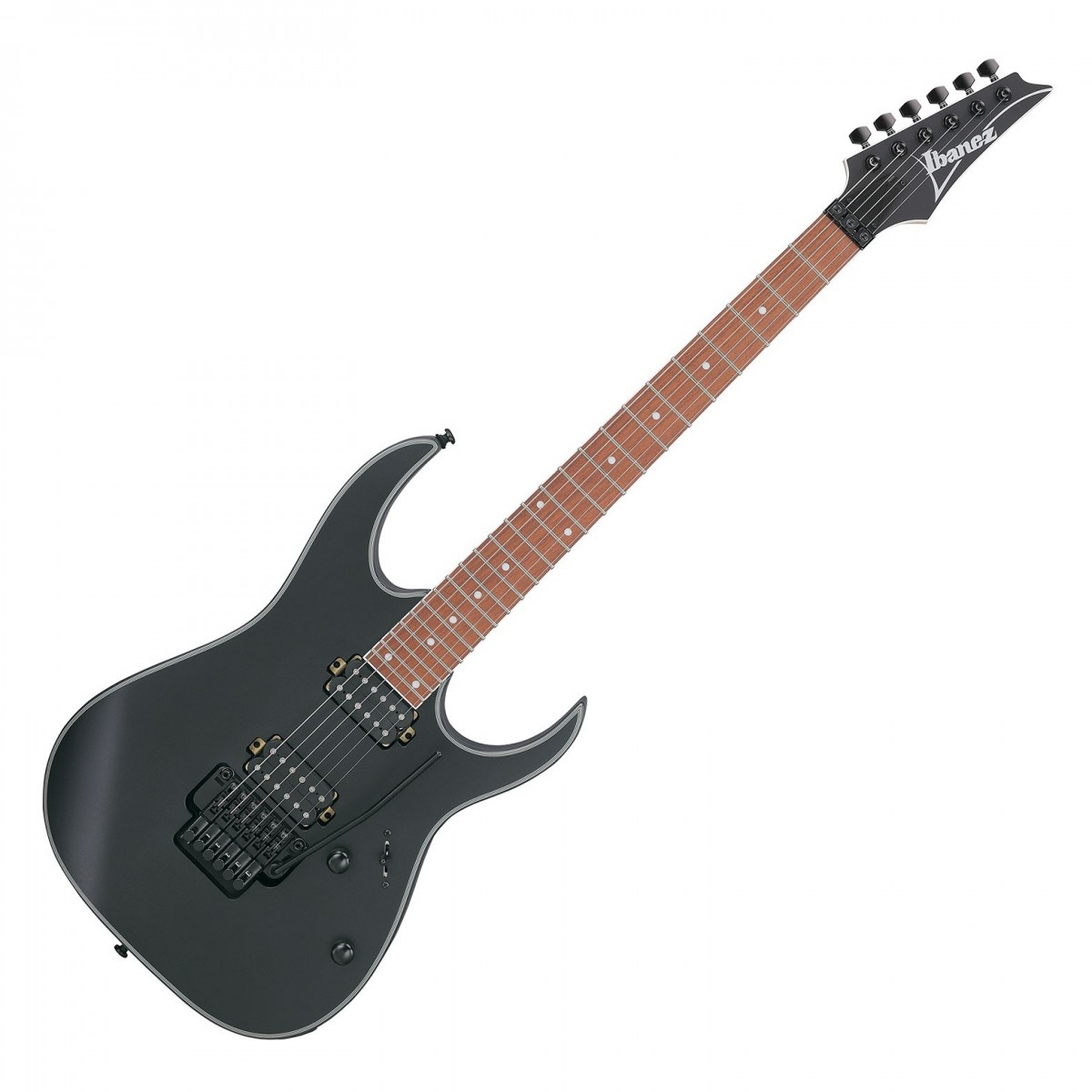 En bild på Ibanez RG420EX-BKF Black Flat | Ibanez RG420EX är en premiumgitarr till ett överkomligt pris Den har en vacker finish och sharktooth-inlägg som gör att den står i rampljuset på alla scener. Dessutom har den Ibanez:s berömda Wizard III-halsprofil som är känd för sin tunna och platta form - perfekt för supersnabbt riffande. Banden i jumbostorlek ger smidiga strängböjningar och en snabb notrörelse medan greppbrädans radie på 400 mm gör det enkelt att byta grepp chord.  Gitarrens meranti-kropp ger en sötma och fyllig sustain till dina toner vilket kompletterar den accelererade basresponsen från Quantum H-H-pickuperna. Dessa är perfekta för att spåra snabba staccato-riff med förkrossande mellanregister och exakt artikulering i high-end förutom att de ger ett fantastiskt spektrum av toner att välja mellan. Slutligen bidrar Edge-Zero II tremolostalln till ökad spelkomfort och stud lock-funktion ger stabil stämning. Om du letar efter ett högpresterande instrument som inte kostar skjortan är RG420EX den gitarr du behöver!
