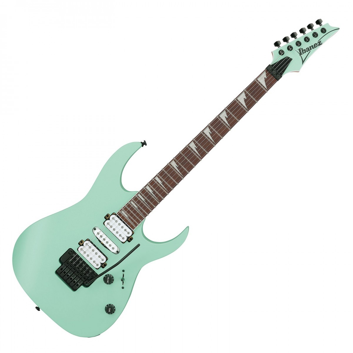En bild på Ibanez RG470DX-SFM Sea Foam Green Matte | Ibanez RG470DX är en premiumgitarr till ett överkomligt pris. Den har en vacker finish och sharktooth-inlägg som gör att den står i rampljuset på alla scener. Dessutom har den Ibanez:s berömda Wizard III-halsprofil som är känd för sin tunna och platta form - perfekt för supersnabbt riffande. Banden i jumbostorlek ger smidiga strängböjningar och en snabb notrörelse medan greppbrädans 400 mm radie gör det enkelt att byta grepp chord.  Gitarrens meranti-kropp ger en sötma och fyllig sustain till dina toner vilket kompletterar den accelererade basresponsen hos Quantum H-S-H-pickuperna. Dessa är perfekta för att spåra snabba staccato-riff med förkrossande mellanregister och exakt artikulation i de övre tonerna förutom att de ger ett fantastiskt spektrum av toner att välja mellan. Slutligen bidrar Edge-Zero II-tremolostalln till ökad spelkomfort och stud lock-funktion för stabil stämning. Om du letar efter ett högpresterande instrument som inte kostar skjortan är RG470DX den gitarr du behöver!