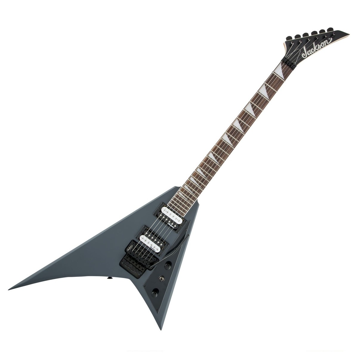 En bild på Jackson JS Series Rhoads JS32 Amaranth Fingerboard Satin Gray | Bli uppmärksammad. Med aggressiv stil och mördare ljud ger Jackson JS32 Rhoads dig kraften att styra scenen. Dess unika kroppsform kompletterar det aggressiva ljudet som du kan förvänta dig från denna piercinggitarr.  Experimentera med galen dyk och squeals. En Floyd Rose licensierad tremolo låter dig lägga till känsla och spänning till dina solor. Och tack vare sin klassledande dubbla låsdesign kommer du att ha förtroendet för att din gitarr kommer att hålla i takt oavsett hur aggressiv du är med den. Dual Jackson High-Out Humbuckers ger dig en kraftfull ton som skär genom mixen. Och med super-snabb spelbarhet från den släta Sidenmatt halsn hjälper JS32 Rhoads dig att släppa lös din maximala spelpotential.