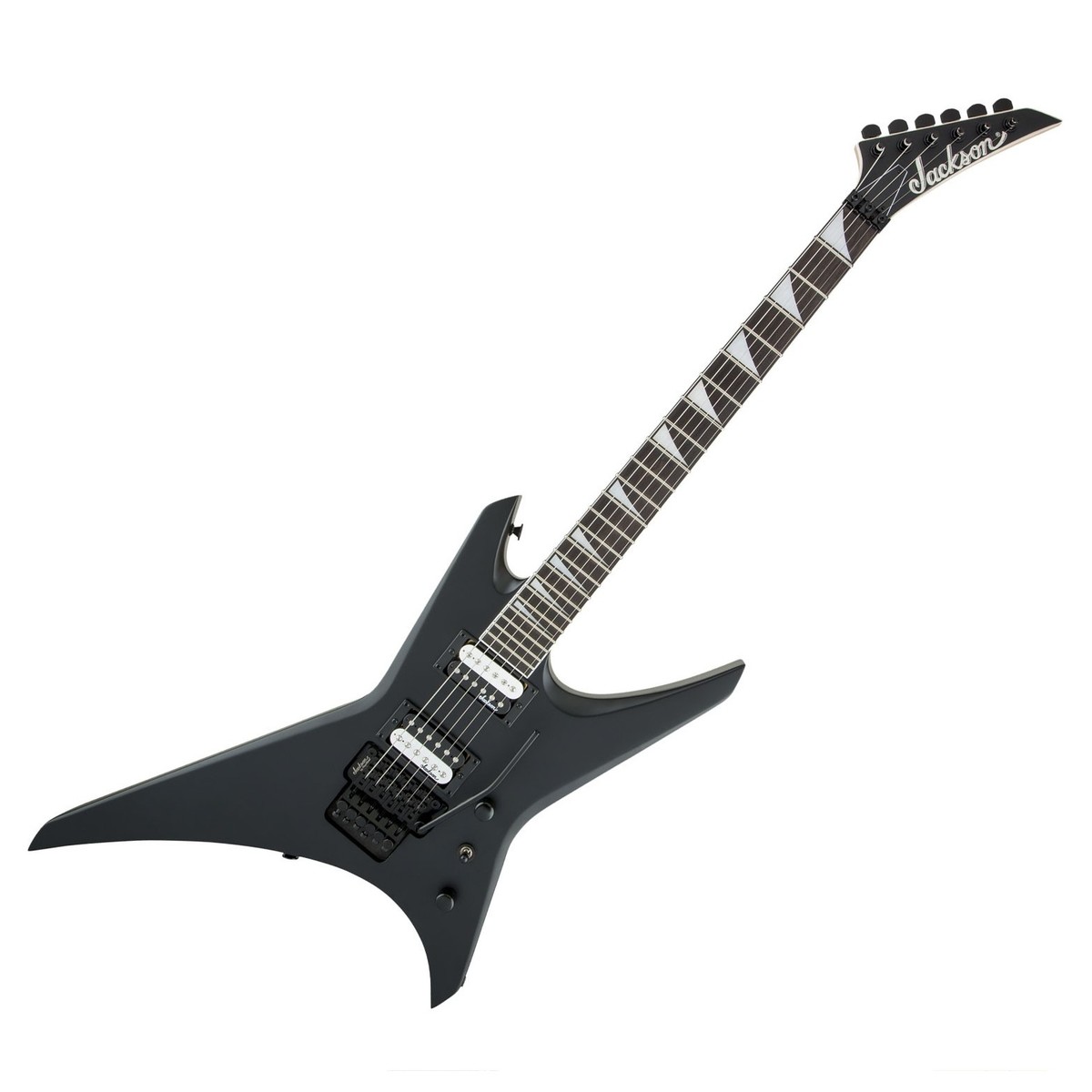 En bild på Jackson JS Series Warrior JS32 Amaranth Fingerboard Satin Black | Redo att slåss. Jackson JS32 Warrior packar säkert ett punch. Med extremt kraftfulla Jackson High Output humbuckers kan du enkelt skära genom mixen - låta din unika ton höras. Den här gitarrens tjocka och aggressiva ljud kompletterar perfekt sitt vanliga utseende vilket gör den till en formidabel metallmaskin.  Uttrycksfulla solos. Med en Jackson-märkt Floyd Rose-bro kan du experimentera med extreme vibrato dramatiska dive bombs och andra tremolo-tricks. Dess klassledande dubbellåsdesign håller gitarrens tuning på punkt även när du trycker tremolosystemet till max. Kombinerad med en slät Sidenmatt och lätt spelad sammansatt raderbräda låter JS32 Warrior du släppa lös din kreativitet.