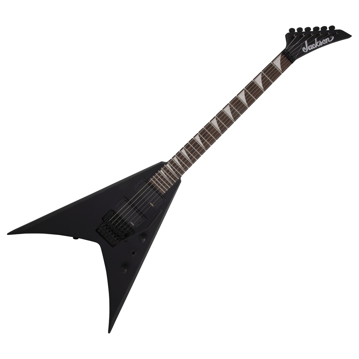 En bild på Jackson KVXMG King V Satin Black | Avsedd för grym prestanda. Jackson KVXMG King V är ett riktigt gitarrmuskedunder. Instrumentet omfattar en uppsättning fräscha EMG humbucker-mickar och spelare vilket erbjuder gitarrister en välbalanserad genomträngande ton med en tajt bas och balanserade klara toner i mellanregistret. Tack vare den aktiva förförstärkaren kan du räkna med en ultra-hög uteffekt för att låta dina diskanter skära genom din mixning när du spelar skinande solon. Spela med fullkomlig uttrycksfullhet. Eftersom Jackson King V garanterar att du kan spela fritt och efter behag. Den smala greppbrädan i lager låter dina fingrar snabbt sväva över dess yta - perfekt för snabba riffs. Det låsande Floyd Rose Tremolo -stallet gör det lätt för dig att att spela kreativa whammy bends också. Och naturligtvis erbjuder King V sensationell stil med sin slående V-formade kropp som erbjuder ett slående intryck varje gång du går på scenen. Detta är ett instrument som har skapats för uppträdanden på scenen. Och det överträffar alla förväntningar