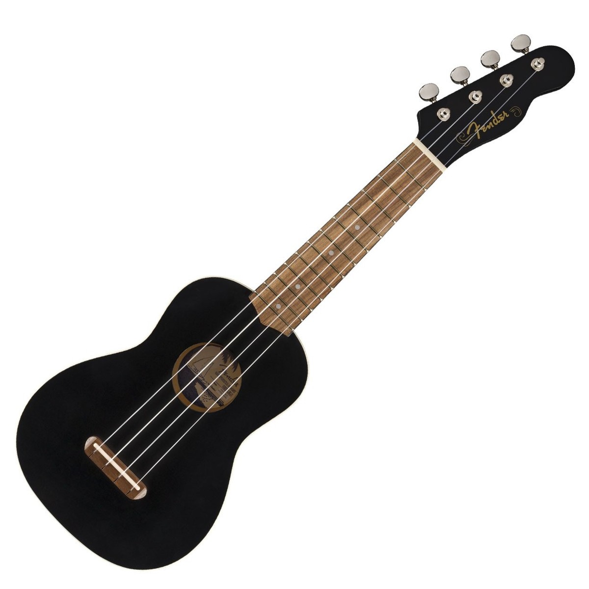 En bild på Fender Venice Soprano Ukulele WN Black | En unik ukulele med ett underbart balanserat ljud. Fender Venice Sopranukulelen WN är inspirerad av företagets Kaliforniska rötter vilket ger en klassisk Fender ton till ett prisvärt instrument som är byggt för att inspirera och glädja dig. Tonträna i svartlind och valnöt erbjuder en mångfacetterad varierande tonpalett som ger dig ett härligt varmt ljud.   Ukulelen är oerhört lätt att ta tag i. Den tunna "C" -formade halsprofilen ger dig bekvämlighet när du spelar - musiken kan fritt flöda från dina fingertoppar utan att du någonsin hålls tillbaka p.g.a. handansträngning. Och du kommer att vara desperat att visa upp dina färdigheter på en särskild ukulele . Den slående svarta färgen med ett gitarrhuvud i Telecaster-stil ger ukulelen ett invididuellt utseende. Mångsidighet förkroppsligad!