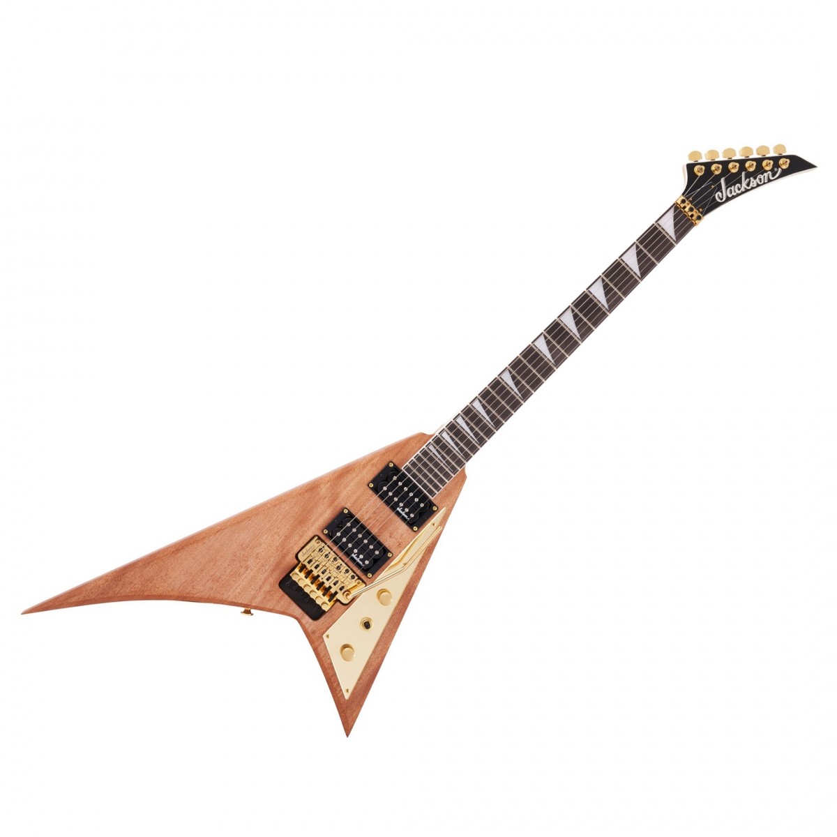 En bild på Jackson JS Series Rhoads MAH JS32 Amaranth Fingerboard Natural | Släpp lös din sanna potential. Jackson JS32 RR Rhoads ber dig att låsa upp kraften som ligger under en naturlig elegant finish. Dess mahognybyggnad utseendesökt ut men det är ingen berättare om de obscena hemligheterna som denna gitarr innehar - brinnande toner som sträcker sig från släta och glasiga toppar till krispiga decimerande nedgångar. Med högeffektiva mickar kan du uppnå allt. Denna gitarr visar den ikoniska Rhoads formen och säkerställer att du är beväpnad med ett riktigt slående instrument. Och det är en med historia bakom sig vilket gör det till en Jackson häftklammer. Ännu bättre är det utsmyckad med elegant gold hårdvara och en Jackson-märkta Floyd Rose tremolo bro så att du kan ta din musik till nya höjder. Förbered dig på stigande adrenalinnivåer uppfriskande föreställningar och ett överflöd av grymt ljud.