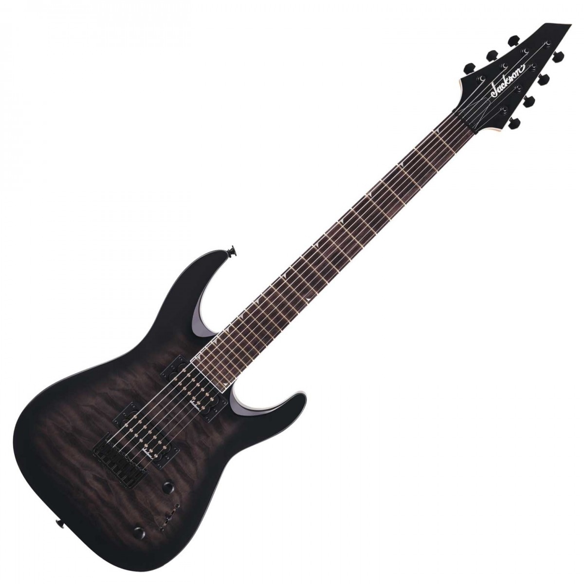 En bild på Jackson JS Series Dinky JS22Q-7 DKA HT Transparent Black Burst | Himlen är gränsen. Eftersom Jackson JS22-7 DKA Dinky QM fångar själva kärnan i heavy metal-musik. Det ger de perfekta förutsättningarna för alla dina metallhuvuden att utveckla dina gitarrfärdigheter. Lämna ingen Slipknot-melodi ospelad. Den extra strängen innebär att du kan utforska nya sätt att ställa in och spelstilar. Du kommer alltid att hitta nya sätt att spela på denna yxa - möjligheterna är oändliga. Jackson humbuckers säkerställer att det inte kommer att finnas något oönskat ljud som stör dina onda slickar. Poppelkroppen har en fantastisk quiltad lönntopp och är färdig i en trans black burst ger bakgrunden för ditt rip-dånande ljudlandskap. Gör dig redo att smälta några ansikten ...