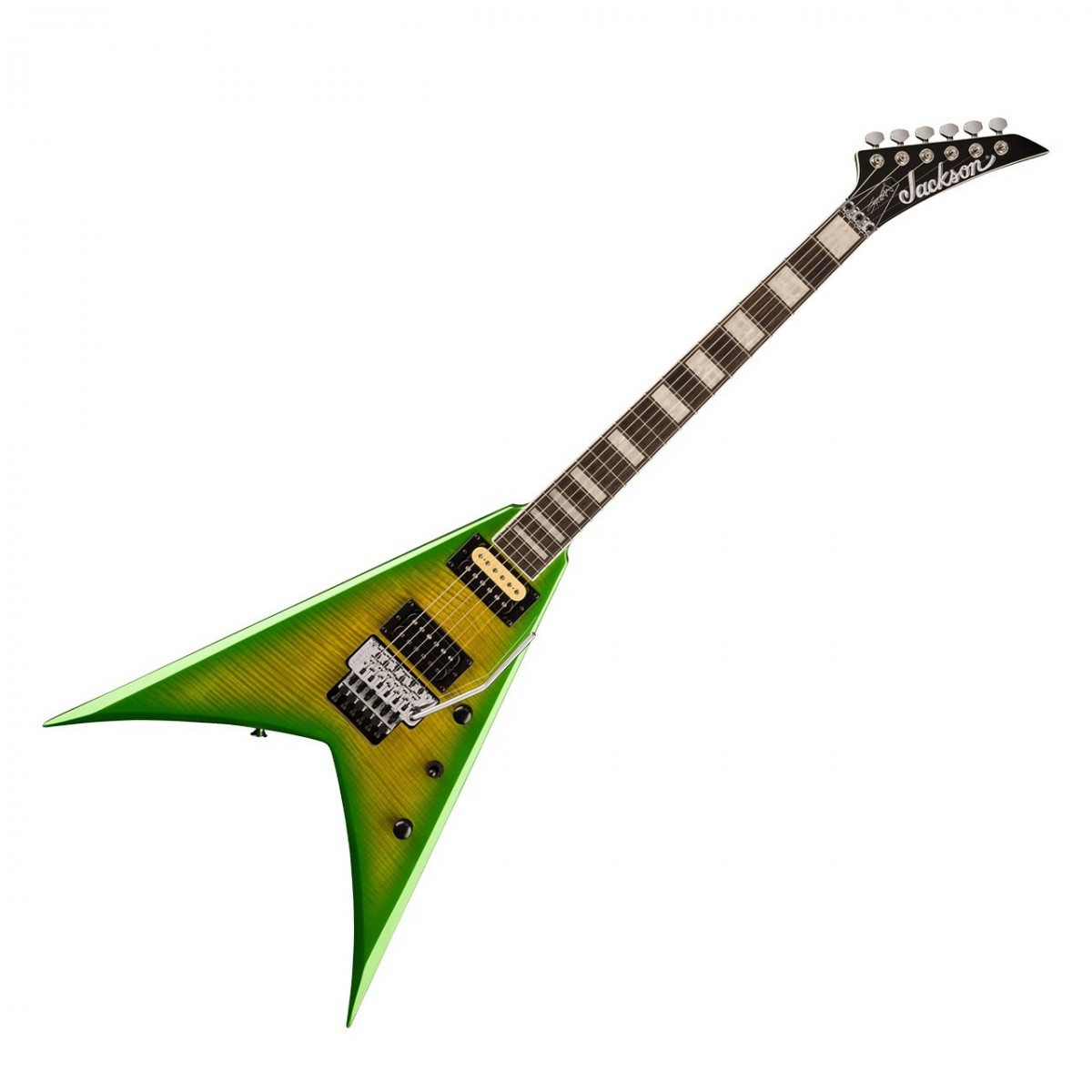 En bild på Jackson X Series Signature Scott Ian KVX King V Baldini | Jackson X Series Signature Scott Ian KVX King V är en gitarr som designades med den legendariska gitarristen från Anthrax Scott Ian i åtanke. Denna gitarr är perfekt för metalgitarrister som kräver det bästa av sina instrument. Utrustad på denna modell är en duo av högeffekts humbucking-pickuper. Dessa pickuper levererar en förkrossande ton och oslagbar sustain vilket gör dem perfekta för gitarrister som vill släppa lös sin raseri på scenen. Floyd Rose Special dubbellåsande tremolo-system säkerställer en solid stämningsstabilitet så att du kan spela med självförtroende oavsett hur hårt du shredding . Med sin lönnhals i ett stycke och grafitförstärkning är den byggd för att tåla även de mest intensiva stilarna. När det gäller hantverk är X Series KVX ett art. Nyatoh-kroppen och flame maple toppen ger den en elegant och stilfull look medan den glansiga finishen ger en touch av elegans. Jackson spetsade 6-i-rads Gitarrhuvud och förseglade pressgjutna tuners säkerställer en solid stämningsstabilitet. Uppmärksamheten på detaljer är uppenbar i alla aspekter av denna gitarr från dual-action Dragstång till dome-stil kontrollrattar. Denna gitarr är ett måste för alla metalgitarrister som letar efter ett instrument som kan hänga med i deras mest intensiva spel.