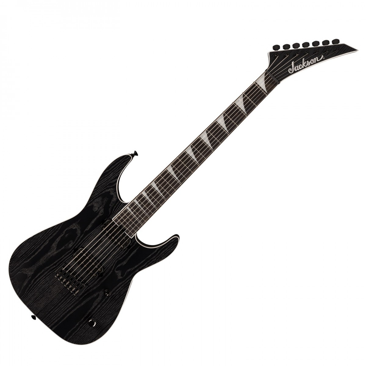 En bild på Jackson Pro Series Signature Jeff Loomis Soloist SL7 HT EB Black Ash | Jackson Pro Series Signature Jeff Loomis Soloist SL7 HT är en förstklassig 7-strängad gitarr designad i samarbete med den legendariska metalgitarristen Jeff Loomis. Gitarren har en skalalängd på 265 tum vilket ger ett utökat ljudomfång och förbättrad strängspänning perfekt för invecklat och tekniskt spel. Den resonanta Svartlind-kroppen kompletteras av en sandblästrad ask-topp och den genomgående tredelade lönnhalsen med grafitförstärkning garanterar en bergfast stabilitet och otrolig sustain. Greppbrädan på Ebenholts med en 12"-16" radie erbjuder överlägsen spelbarhet och komfort vilket gör den idealisk för snabba exakta rörelser. Utrustad med Seymour Duncan Jeff Loomis Signature Noumenon humbucking-pickuper ger den här gitarren en mångsidig röst med tight low end och sharp attack. Den 3-vägs toggle switch möjliggör olika pickup kombinationer medan den enda volymkontrollen gör att du enkelt kan justera ditt ljud. Hipshot hardtail-stalln och Jackson låsbara stämskruvar säkerställer intonation och stämningsstabilitet även under de mest intensiva framträdanden. Den här gitarren har en snygg finish i Sidenmatt Black med matchande svart hårdvara och låter inte bara formidabelt utan ser också bra ut.