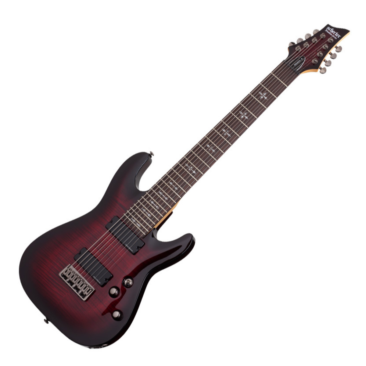 En bild på Schecter Demon-8 Electric Guitar Crimson Red Burst | Schecter Demon-8 är elegant men samtidigt vidrig sofistikerad men ändå gotisk elegant men ändå kraftfull. Beväpna dig själv med en yxa med fantastisk potential. Tillverkad av basträ och utsmyckad med svart 1-lagers bindning en crimson red finish och gotiska greppbräde-inlägg lämpar sig för visionära prestationer som är minnesvärda på alla sätt och levererar både utmärkt ton och överlägset utseende. Ta kontroll över ditt ljud och känn den fulla wrath som denna demon har att erbjuda. Två Duncan Designed aktiv HB-105 pickuper har laddats för verkligt berusande toner. Du kommer att ha extremt snäva glittrande klara ljudegenskaper som är fulla av brännande toppar utmärkta lågnivåer och massor av härlig dynamik. Dess glänsande bro och Sadel ger dig all trimstabilitet du behöver såväl som exceptionell klarhet och sustain.