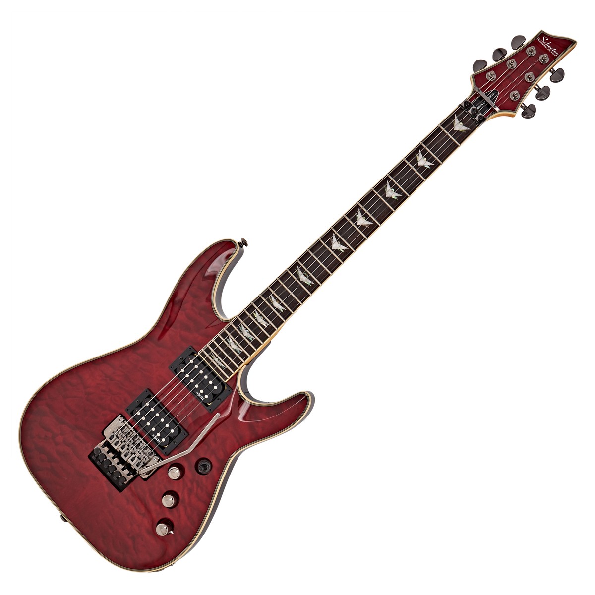 En bild på Schecter Omen Extreme-6 FR Black Cherry | Schecter Omen Extreme 6 FR har en bekväm dubbel cutaway mahogny kropp med en lönnhals och rosenträ greppbräda för utmärkt spelbarhet. Perfekt för att spela vilken stil som helst gör den mångsidiga Omen Extreme 6 FR gitarrspelaren att ta sin musik till det extrema. Gitarren har också ett Floyd Rose-specialtremolysystem för att skapa otroliga pitch-bends och dive bombs samtidigt som du håller dina strängar stabila och i stämning.