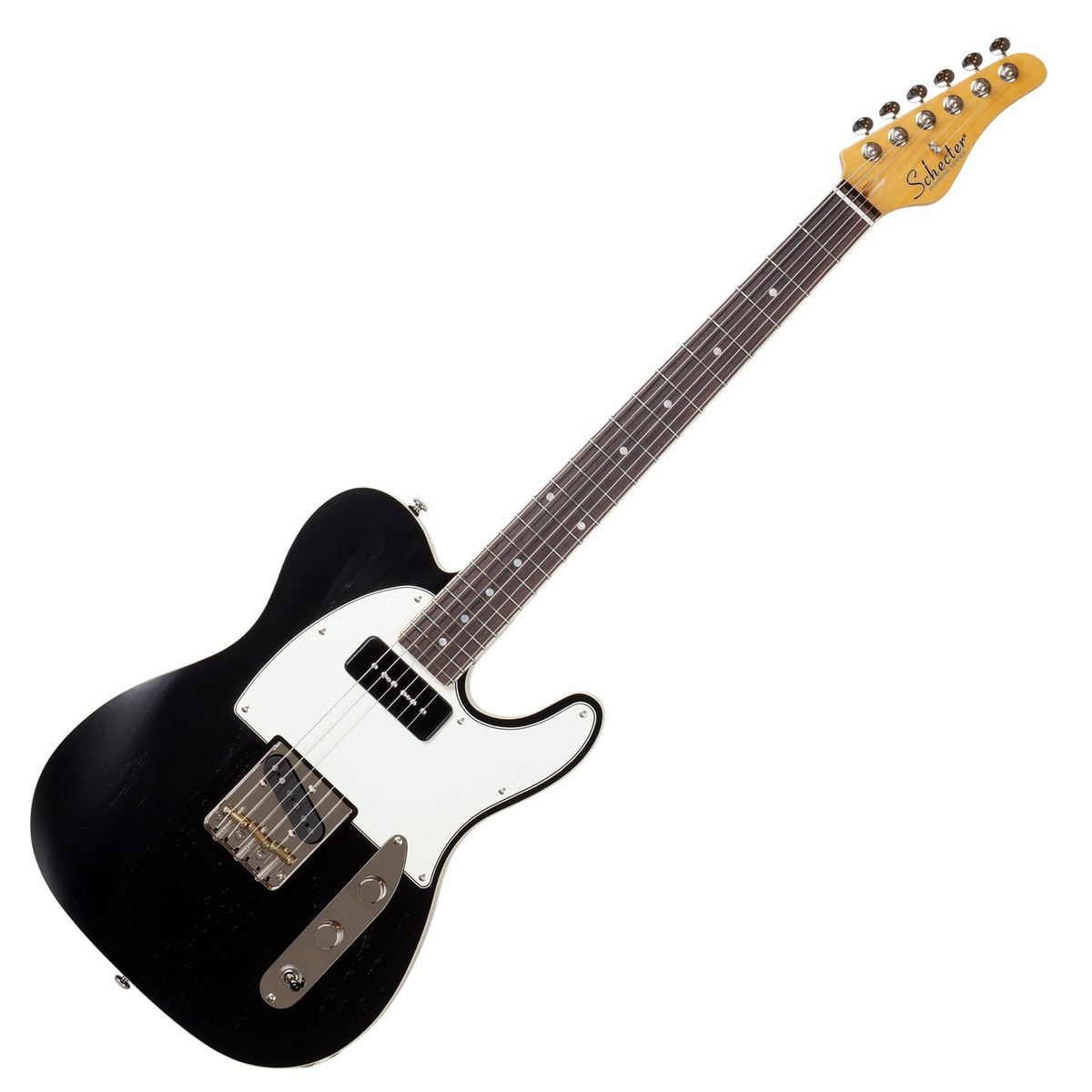 En bild på Schecter PT Special Electric Guitar Black Pearl | Schecter PT Special-elgitarren erbjuder en klassisk black pearl-stil med Schecters högkvalitativa ljud och prestanda vilet ger en gitarr med den allra bästa kombinationen av old school och moderna designegenskaper. Schecters diamond VT-1 och V-90 pickuper ger PT dess vintage-toner med en push / pull-tonkontroll för att byta de två pickuperna mellan series och parallell för extra tonala alternativ. Kroppen i träask erbjuder klassiska klingande och livliga toner med tajt bas och behagliga diskanter perfekt för lättare rockmusik. Vintage ashtray-stallet birdrar till PT-special gitarrens klassiska estetik i samtidigt som strängarnas resonans och sustain blir allt bättre. Grover-stämskruvarna ger bättre stämning medan PT Special-gitarren också är perfekt för spelare som vill ha en modern retro-inspirerad gitarr som passar en rad olika spelstilar.
