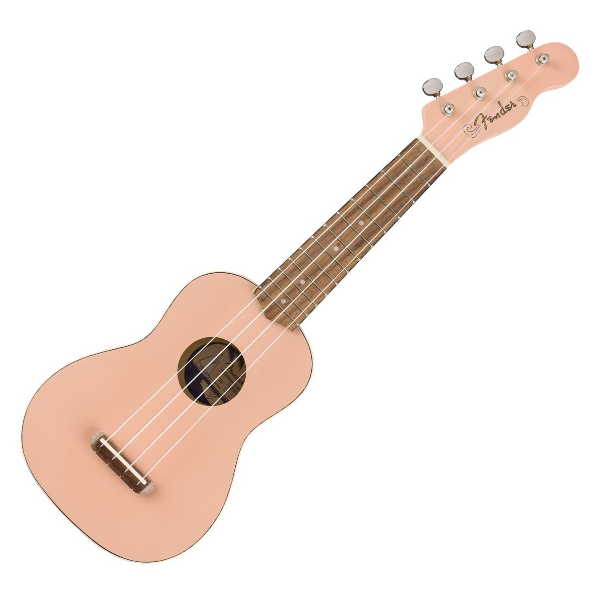 En bild på Fender Venice Soprano Ukulele WN Shell Pink | En unik ukuklele med ett underbart balanserat ljud. Fender Venice Sopranukulelen WN har inspirerats av Fenders Kaliforniska rötter vilket ger detta prisvärda instrument en klassisk Fender-ton som är byggd för att glädja sinnena. Gitarrens tonträ i valnöt och svartlind erbjuder en mångfacetterad varierande tonpalett som ger ett fint och varmt ljud.    Gitarren är oerhört lätt att hålla i också. Detta beror på den tunna "C" -formade halsprofilen  som ger bekvämlighet när du spelar - musiken kan fritt flöda från dina fingertoppar utan att du dina händer ansträngs på något sätt. Och du kommer att lätt kunna visa upp dina färdigheter på en ukulele som är så här speciell. Gitarrens slående shell pink finish kompletteras av gitarrens huvud i Telecaster-stil vilket ger en smula individualitet. Allround fullkomlighet i både sound och stil.