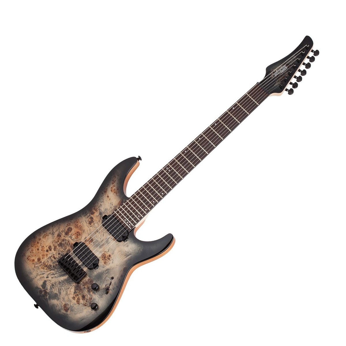 En bild på Schecter C-7 Pro Charcoal Burst | Du känner att jorden skakar. Dina knän skakar. Är det en jordbävning du känner? Nej. Det är Schecter C-7 Pro. Detta monolitiska monster är en mästerklass i brutal ton. Gå med i en våldsam ras av rutinerade shreddare som får sitt ikoniska ljud från 7-strängar blodbad. Detta är framtiden för modern rock och metal. Skäll som kommer med mycket bett. Det är bäst att du håller C-7 Pro i hårt koppel. Upplev fullständig otämjd ton från två signatur dubbelspolar. Båda humbuckrarna arbetar tillsammans för att ge dig lyhörd lågände som rumlar med kraft. Ta upp dina solon med bitande tydlighet eller riffa i det nedre registret för en mörk tung stämma. Vad du än behöver har Schecter du täckt. Oavsett var i världen du lever har du definitivt hört talas om Schecter Guitar Research. Deras premium-gitarrer har gjort dem en elite global tillverkare fusing expert hantverk med modern innovation. C-7 Pro bygger på deras arv av spetskompetens och ger spelare en upplevelse som en gång bara kunde drömmas om. Du ska ta dina färdigheter till nästa nivå. Välkommen till Schecter familjen.