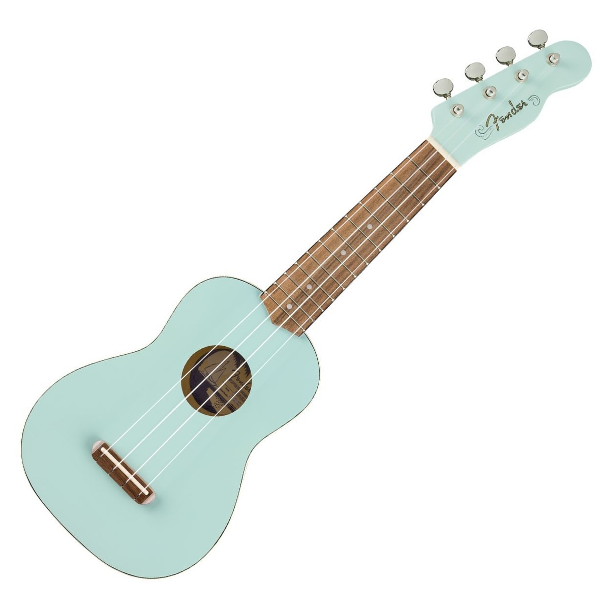 En bild på Fender Venice Soprano Ukulele WN Daphne Blue | En unik ukuklele med ett underbart balanserat ljud. Fender Venice Sopranukulelen WN har inspirerats av Fenders Kaliforniska rötter vilket ger detta prisvärda instrument en klassisk Fender-ton som är byggd för att glädja sinnena. Gitarrens tonträ i valnöt och svartlind erbjuder en mångfacetterad varierande tonpalett som ger ett fint och varmt ljud.    Gitarren är oerhört lätt att hålla i också. Detta beror på den tunna "C" -formade halsprofilen som ger bekvämlighet när du spelar - musiken kan fritt flöda från dina fingertoppar utan att du dina händer ansträngs på något sätt. Och du kommer att lätt kunna visa upp dina färdigheter på en ukulele som är så här speciell. Gitarrens slående Daphne Blue finish kompletteras av gitarrens huvud i Telecaster-stil vilket ger en smula individualitet. Allround fullkomlighet i både sound och stil.