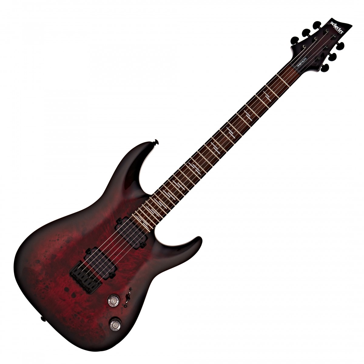 En bild på Schecter Omen Elite-6 Black Cherry Burst | Ett tecken på en förödande ton. Schecter Omen Elite-6 kommer att ge nytt liv åt din inspiration med sitt förintande ljud och ondskefulla utseende. Med ett par Schecter Diamond Heretic-mickar ger denna gura dina riff en häftig ton med en hög effekt som är perfekt för rock och metal. Äkta crunch med tajta toner och suverän skärpa när du vrider upp på gain. Och lönnhalsen i kombination med en greppbräda i rosenträ ger enastående spelbarhet samt en välbalanserad resonans.   Men det är poppelvriltoppen komplett med en olycksbådande finish som stjäl showen och ger ett fantastiskt utseende som matchar det ofantliga ljudet hos denna gitarr. Förbered dig på att ta världen med storm med din nya favoritgitarr.