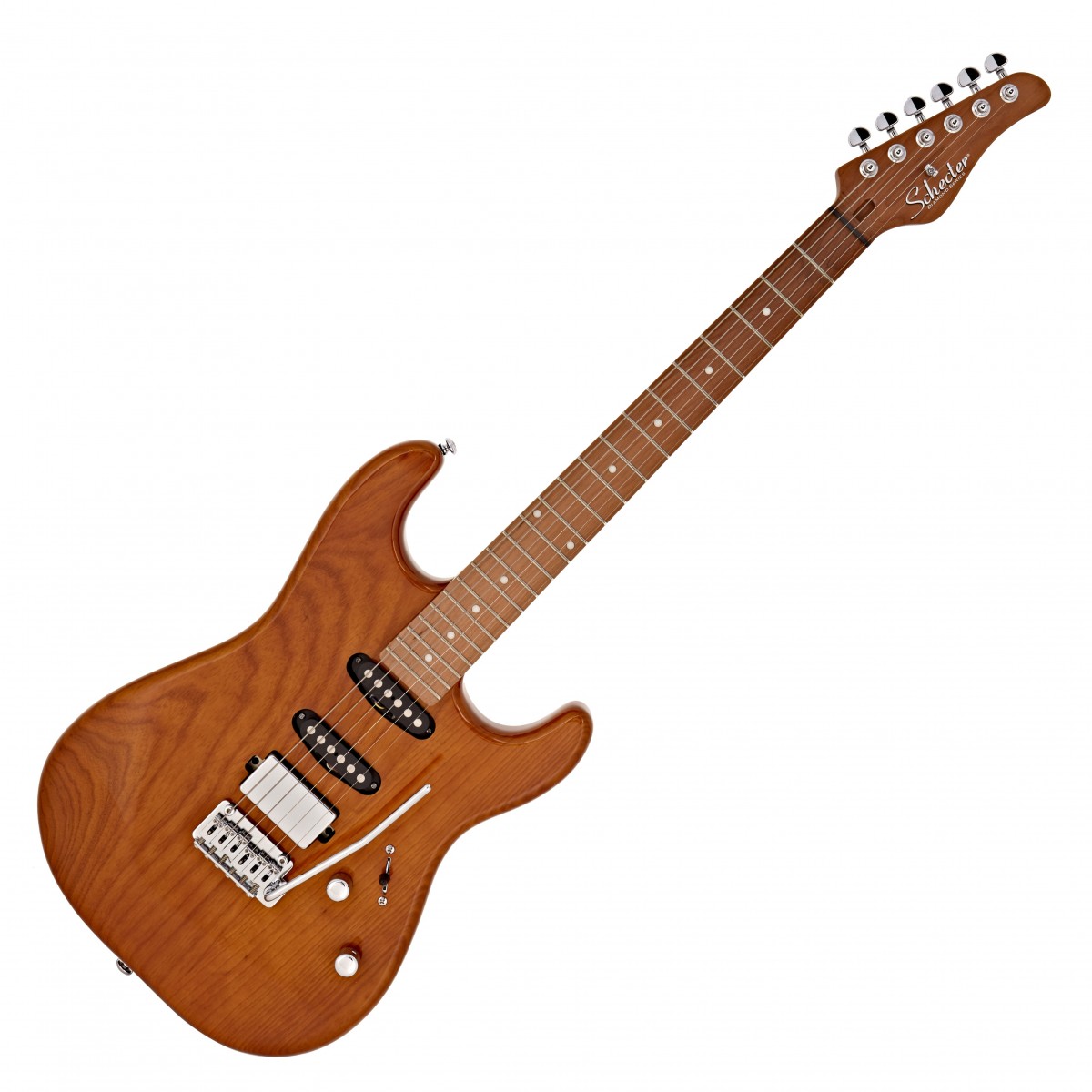 En bild på Schecter Traditional Van Nuys Gloss Nat Ash | Schecter Traditional Van Nuys visar bländande design suverän spelbarhet och ett fantastiskt skarpt ljud - allt du behöver för en himmelsk föreställning. Dess natural ash yta utstrålar vackert med slående utsmyckningar och kvalitativ förkromad hårdvara. Allt med en iögonfallande estetik och utmärkt hållbarhet. Under dina fingertoppar har du en härlig  lågvärmebehandlad lönngreppbräda och hals för orubblig stabilitet som kan hantera allt slags grymt spelande så att du kan spela hur djärvt som helst oavsett om du är i studion eller på scenen.   De Tre Schecter USA-mickarna - en SuperRock Vintage och två MonsterTones - på detta instrument tar ditt ljud till nya världar. Utöver all den kraft och aggression som behövs för strålande distorsion erbjuder dessa pickuper oöverträffad definition som får varje ton att sjuda ut underbart. Tack vare det förstklassiga Diamond Vintage-svajstallet kan du spela underbara pitch bends helt efter behag.