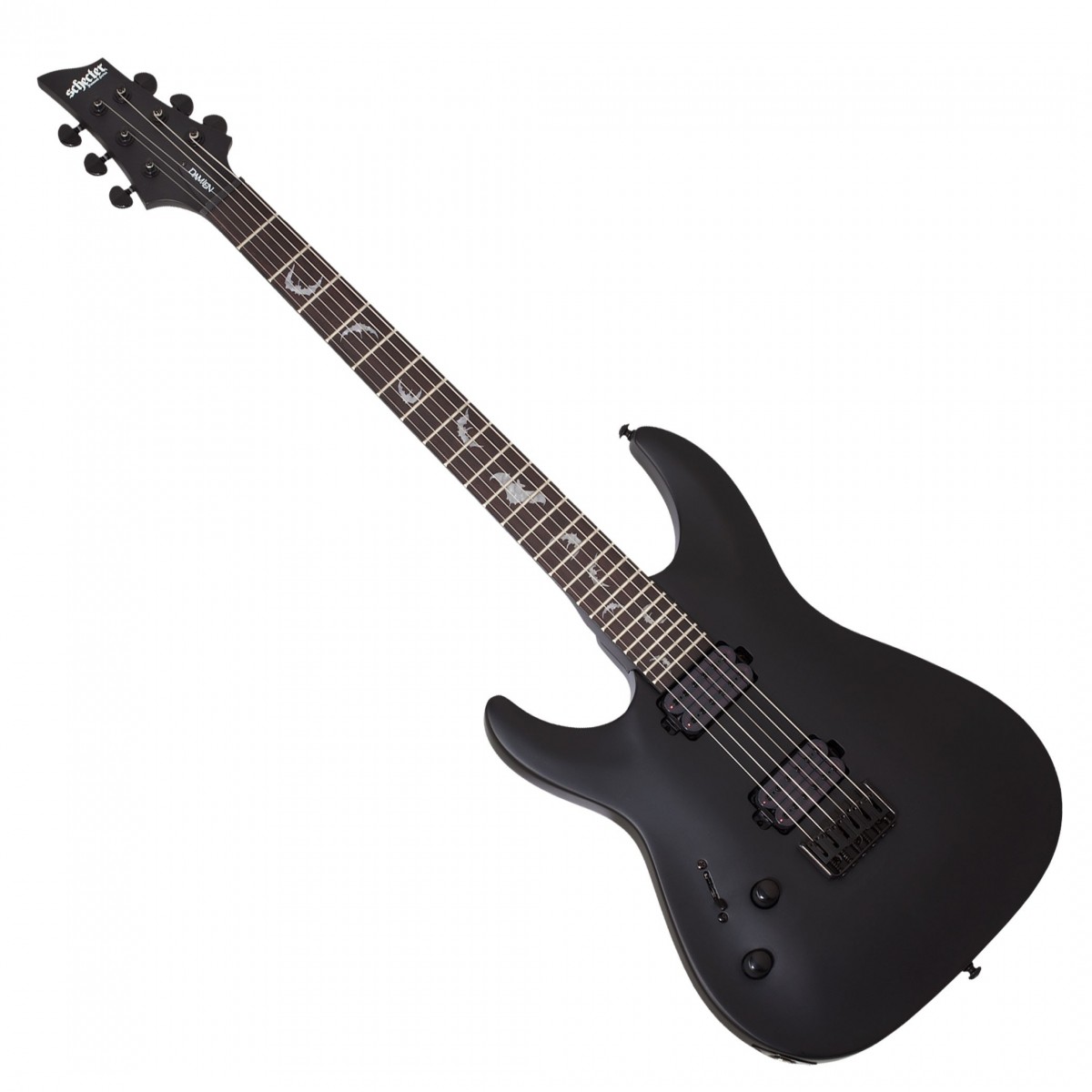 En bild på Schecter Damien-6 Left Handed Satin Black | Riff med superstyrka. Från fylliga ackord till högflygande solon är denna gitarr gjord för metall. Schecter Damien-6 är en slående mångsidig elgitarr med avancerade funktioner och ett pris som kan överraska dig. Damien är byggd kring en sakkunnigt skuren mahognikropp och är utrustad med Schecters helt nya Diamond Heretic humbuckers. Den innovativa designen ger ett aggressivt ljud med maximal karaktär och push-pull-tonratten innebär att enkelspoliga ljudalternativ är nära till hands.   Släpp lös din kreativitet. Damien-6 har en branschstandard Thin C lönnhals. Kombinerat med rosenträgreppbrädans 14" radie ger de en snygg spelupplevelse - perfekt för flytande solon och tajta riff. Gitarrens Schecter custom hardtail-stall och Graph Tech XL-Sadel garanterar perfekt intonation och suverän sustain. Toppad med en Satin Black finish och de ökända Schecter Bat-inläggen så denna Damien har självklart en spotlight-klar look för att matcha gitarrens massiva ljud.