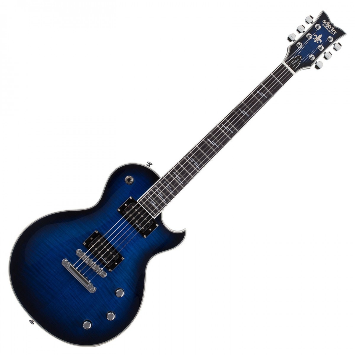 En bild på Schecter Solo-II Supreme See-Thru Blue Burst | Schecter Solo-II Supreme är ett riktigt odjur till instrument. Den är redo att ta itu med vilken genre du än vill spela och projicerar varje ton med kraft och en rejäl frekvensrespons. Denna mångsidighet kommer från två Lundgren Black Heaven humbuckers som producerar ett mycket rent ljud. De är designade för att passa till i stort sett alla spelstilar samtidigt som de alltid levererar ett köttigt rytande kraftfulla mellantoner och en diskant som lyser. Artikulera ditt ljud och förtrolla din publik.   Vi vet alla att ljudet av en gitarr är det viktigaste men utseendet är en tät tvåa. När allt kommer omkring vill du ha ett instrument som häpnar visuellt också. En blick på Solo-II Supreme och du kommer att bli imponerad och fascinerad av dess glänsande finish bländande kromhårdvara och slående form. Och från det ögonblick dina fingrar nuddar den eleganta greppbrädan i Ebenholts är det oundvikligt att det slår gnistor. Förlora dig själv till den sömlösa spelbarheten som bara en Schecter kan tillhandahålla.