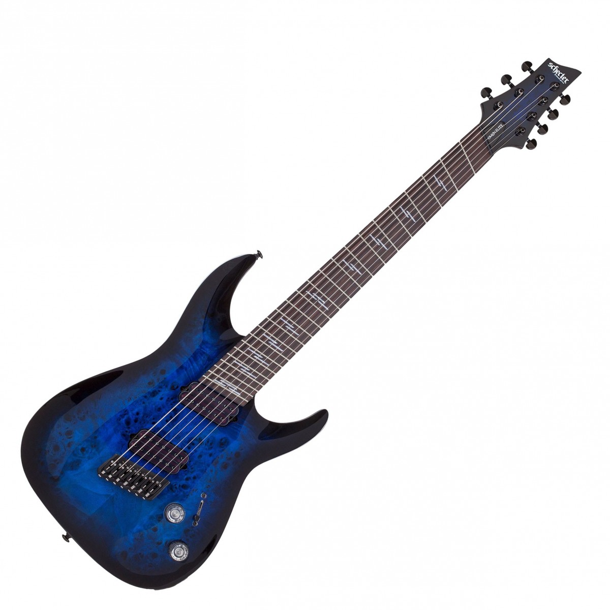 En bild på Schecter Omen Elite-7 MS See-Thru Blue Burst | Schecter Omen Elite-7 MS är en aggressiv och mycket uttrycksfull gitarr som uppnår ett enormt överdrivet metallljud och erbjuder ytterligare kreativa alternativ genom sin 7-strängade design. shredding Elite-7 är en fragmenteringsmaskin och är utrustad med två av Schecter Diamond Heretic-pickuper som producerar ett härligt aggressivt ljud med öppen spole som är perfekt för höga uteffekter. Den premium hipshot multiscale-stallet möjliggör justerbara skallängder över de 8 strängarna. Den fungerar med den grafiska tech-Sadeln och Schecter egenbyggda tuners för att hålla en bekväm handling och hålla dina strängar i trim längre så att du kan rocka rakt igenom natten.  Med en lönnhals med rosenträgreppbräda kommer du att garanteras en mycket bekväm upplevelse som är byggd för att hålla. Lönnen ger en ljushet till ton som kommer att komplettera den väldefinierade nedre delen av pickuperna och värmen i mahognykroppen. Halsen är designad och byggd i den tunna C-formen vilket ger dig maximal räckvidd över strängarna med minimal belastning - och bult-on-konstruktionen säkerställer att denna högkvalitativa gitarr kommer att hålla med dig under lång tid.