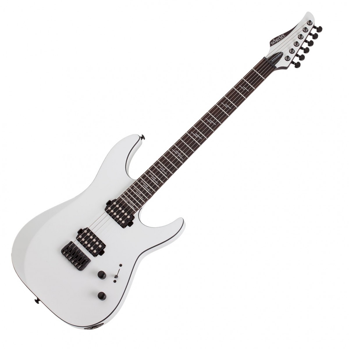 En bild på Schecter Reaper-6 Custom Gloss White | Schecter Reaper-6 Custom är en blixt av metallmagi. Snygg mörk och dödlig den kommer att pumpa ut power-ackorden med explosiv styrka. Det beror på dess dual Schecter USA San Andreas-pickuper som är minst sagt grym. De erbjuder dig ett brett spektrum av brinnande ljud och de kommer att ropa ut låga tuffar och tjuta genom genomträngande solon för att förvåna din publik. Styr scenen.   Det låter värdigt Grim Reaper men hur spelar det? Snabb. Väldigt snabbt. Monterad med en lyxig greppbräda i ebenholts av högsta kvalitet har du tillgång till alla slags galna riff. Den är enkel att navigera och under den sitter en C-formad hals som är ett shredding-paradis. En dröm att hålla den kommer att få dig att flyga upp och ner i skalorna i blixtsnabb takt. Det är dags att skörda frukterna Reaper-6 Custom är här för att skörda tonerna.