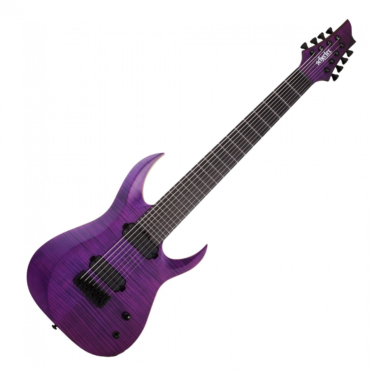 En bild på Schecter John Brune TAO 8 String Satin Trans Purple | Schecter John Brune TAO 8 är en signaturegitarr från Monuments-gitarristen. John Brunes glödheta riffs i Monuments har tagit världen med storm och hans signaturegitarr återskapar hans dånande ton. Ett par Schecter USA-pickuper i form av Chaosbreaker och Colossus levererar en hög effekt med snäva låga skärande mellantoner och brännande toppar. Du kommer att kunna styra dessa pickuper med precision tack vare deras enastående lyhördhet och dynamik.   Din stämning kommer att vara låst och stabil med Hipshot Grip-Lock stämskruvar så att du kan fokusera på att spela. En ultratunn U-lönnhals låter dig flyga blixtsnabbt längs greppbrädan i ebenholts vilket låter dig spela snabbt med fantastisk lätthet. Ultra-Access-hälen låter dig nå de övre banden sömlöst och toppen i flammig lönn ser snygg ut.